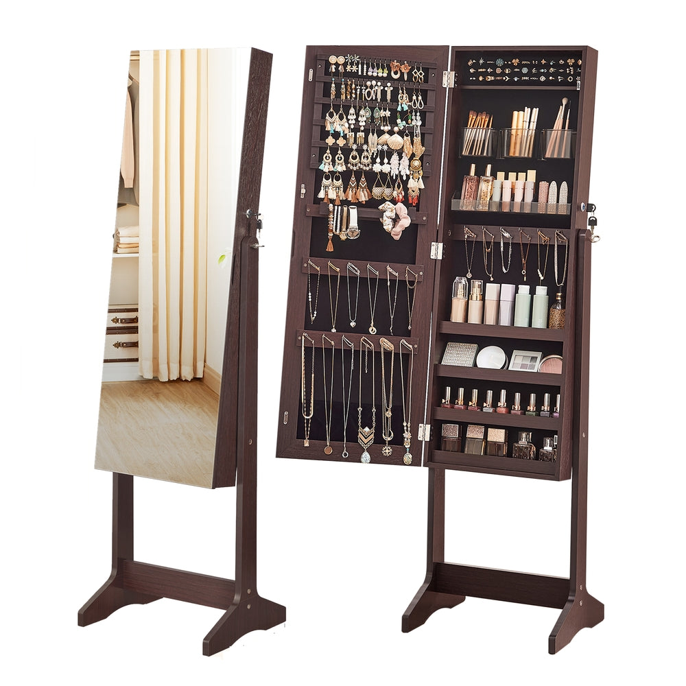 Freestanding Jewelry Cabinet Armoire with Mirror - Brown