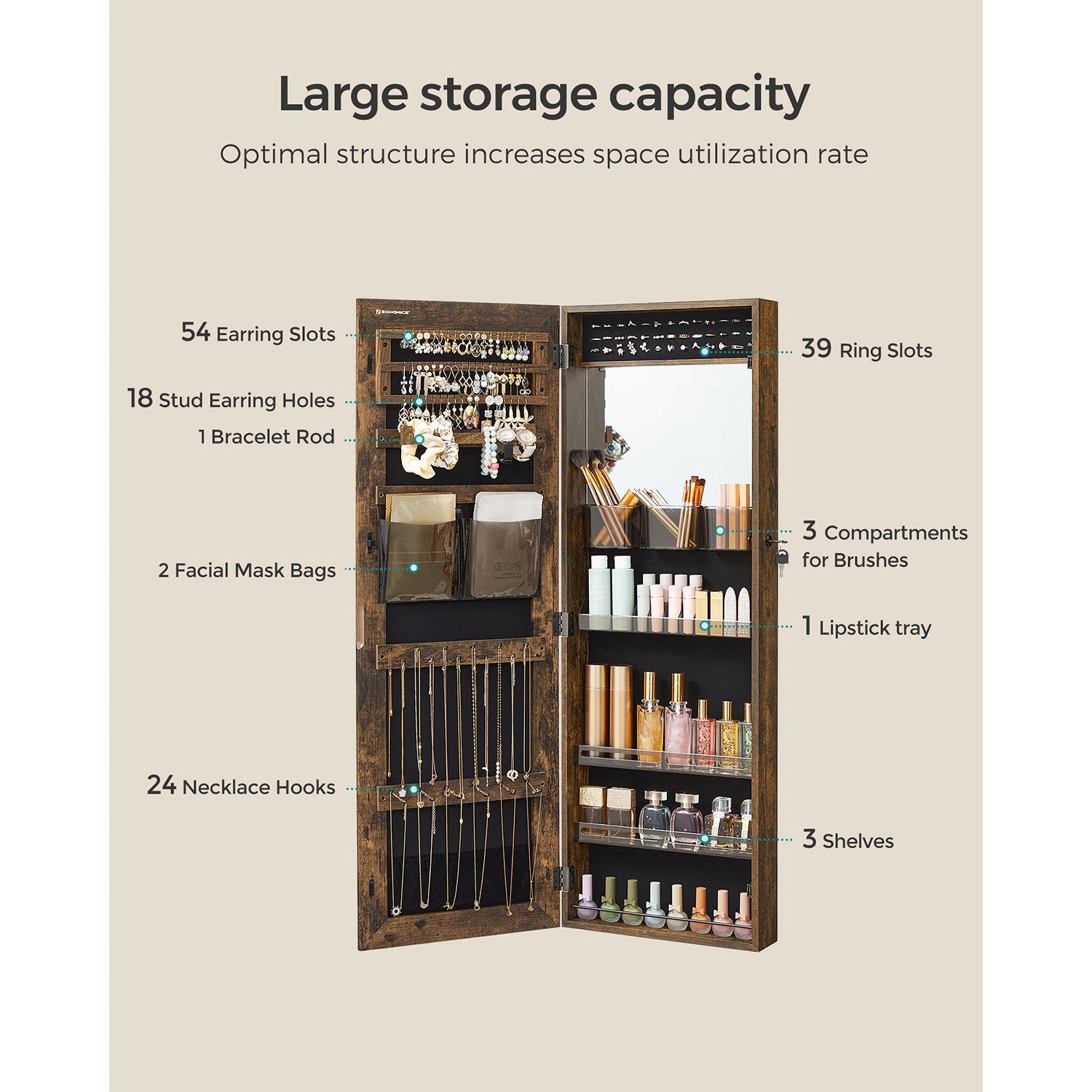 Lockable Jewelry Cabinet Armoire - White