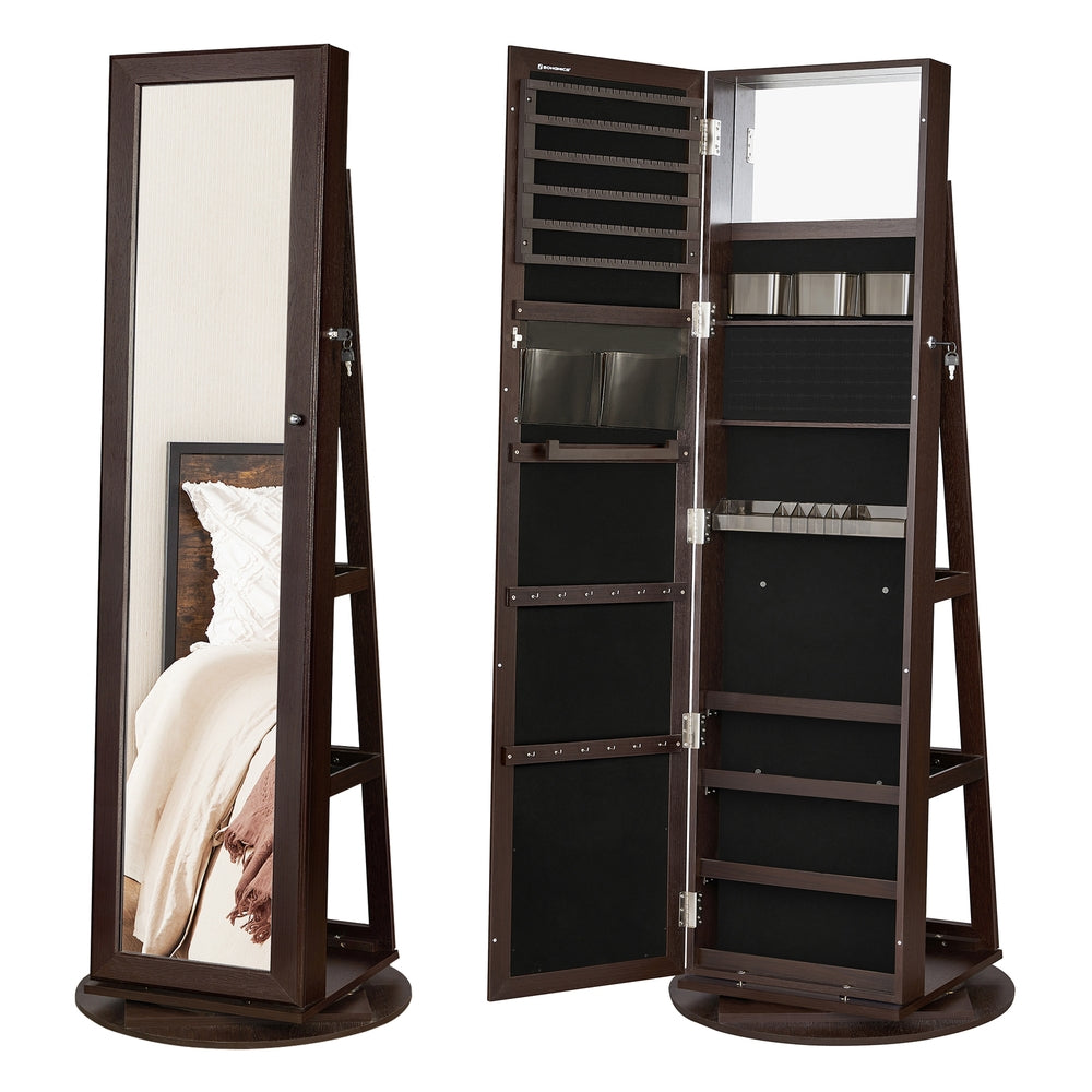 Lockable Jewelry Organizer with Full-Length Mirror - Brown