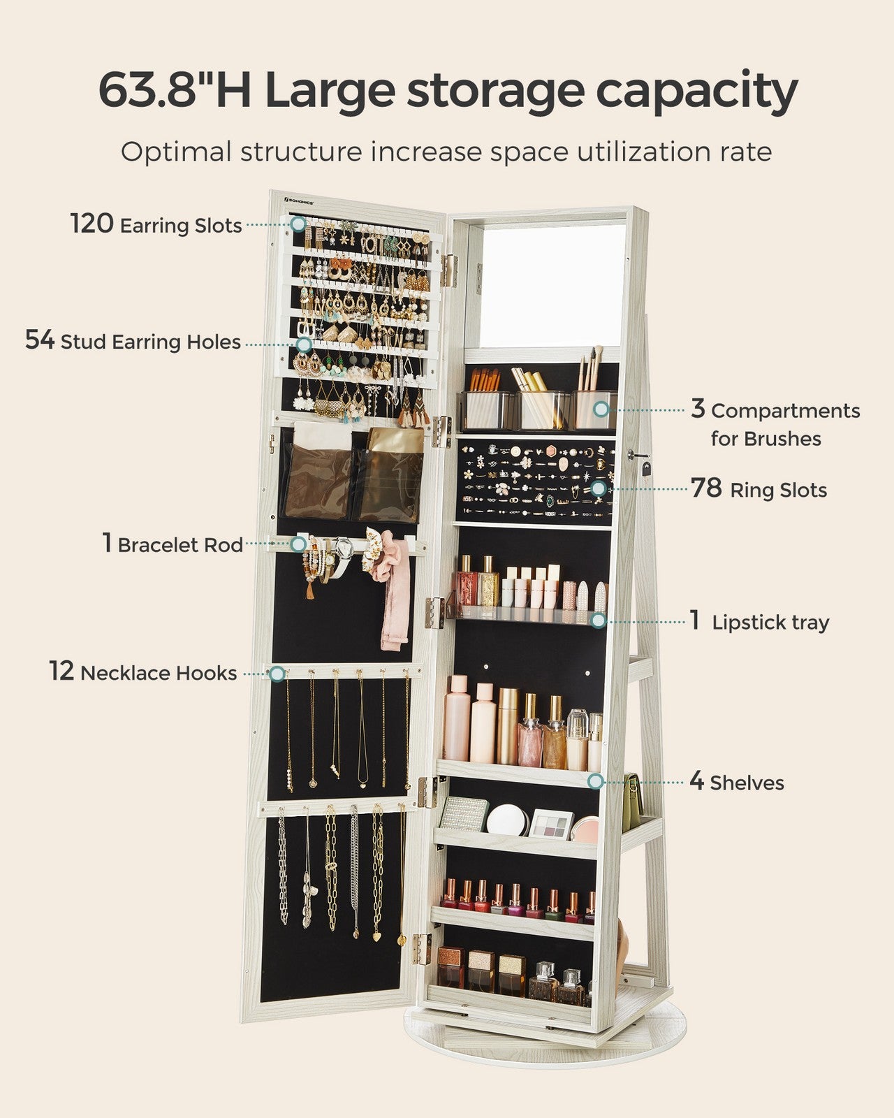 Lockable Jewelry Organizer with Full-Length Mirror - White with Gray Wood Grain