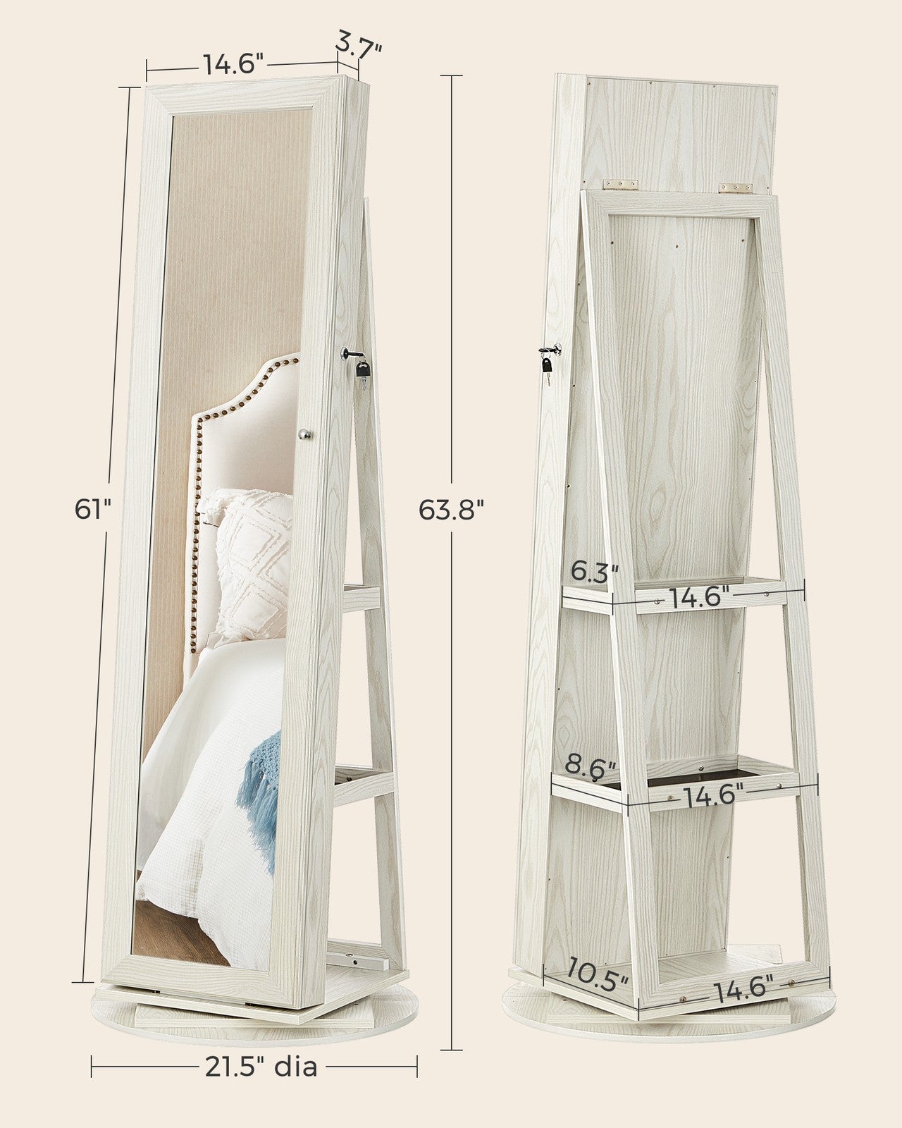 Lockable Jewelry Organizer with Full-Length Mirror - White with Gray Wood Grain