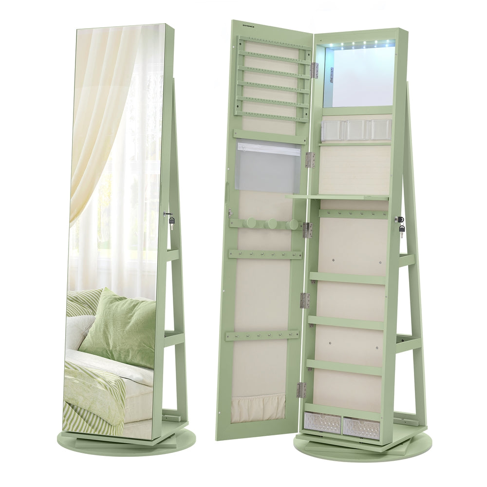 6 LEDs Lockable Mirror Jewelry Cabinet Laurel Green Surface Cream White Lining
