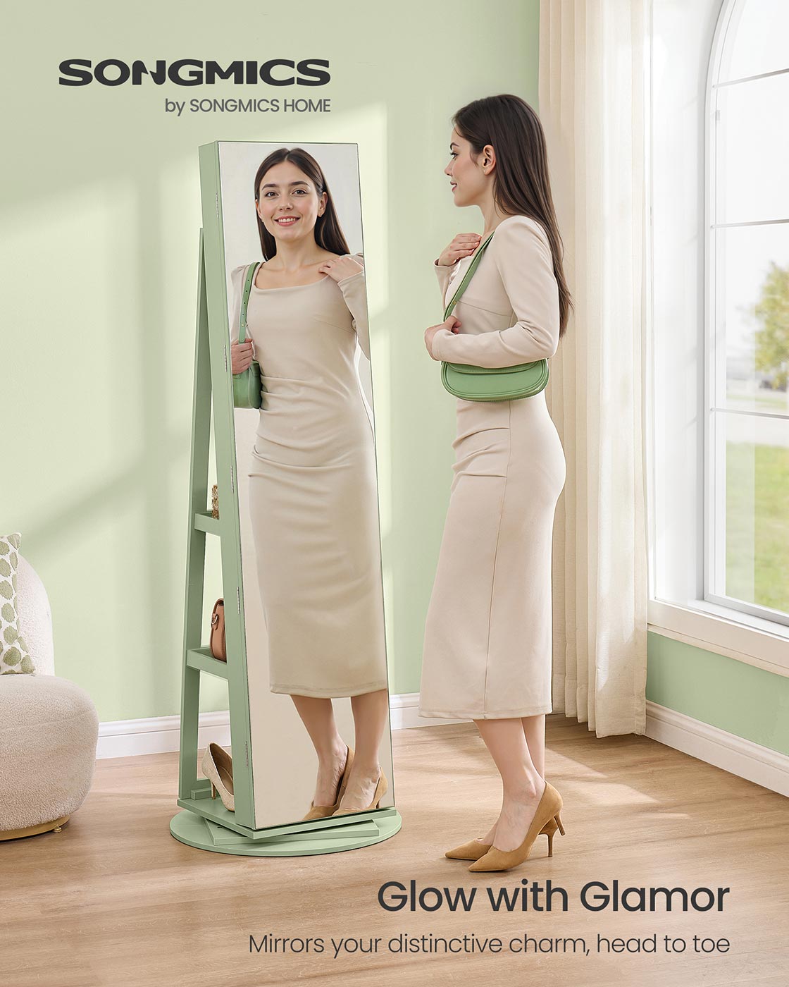 6 LEDs Lockable Mirror Jewelry Cabinet Laurel Green Surface Cream White Lining