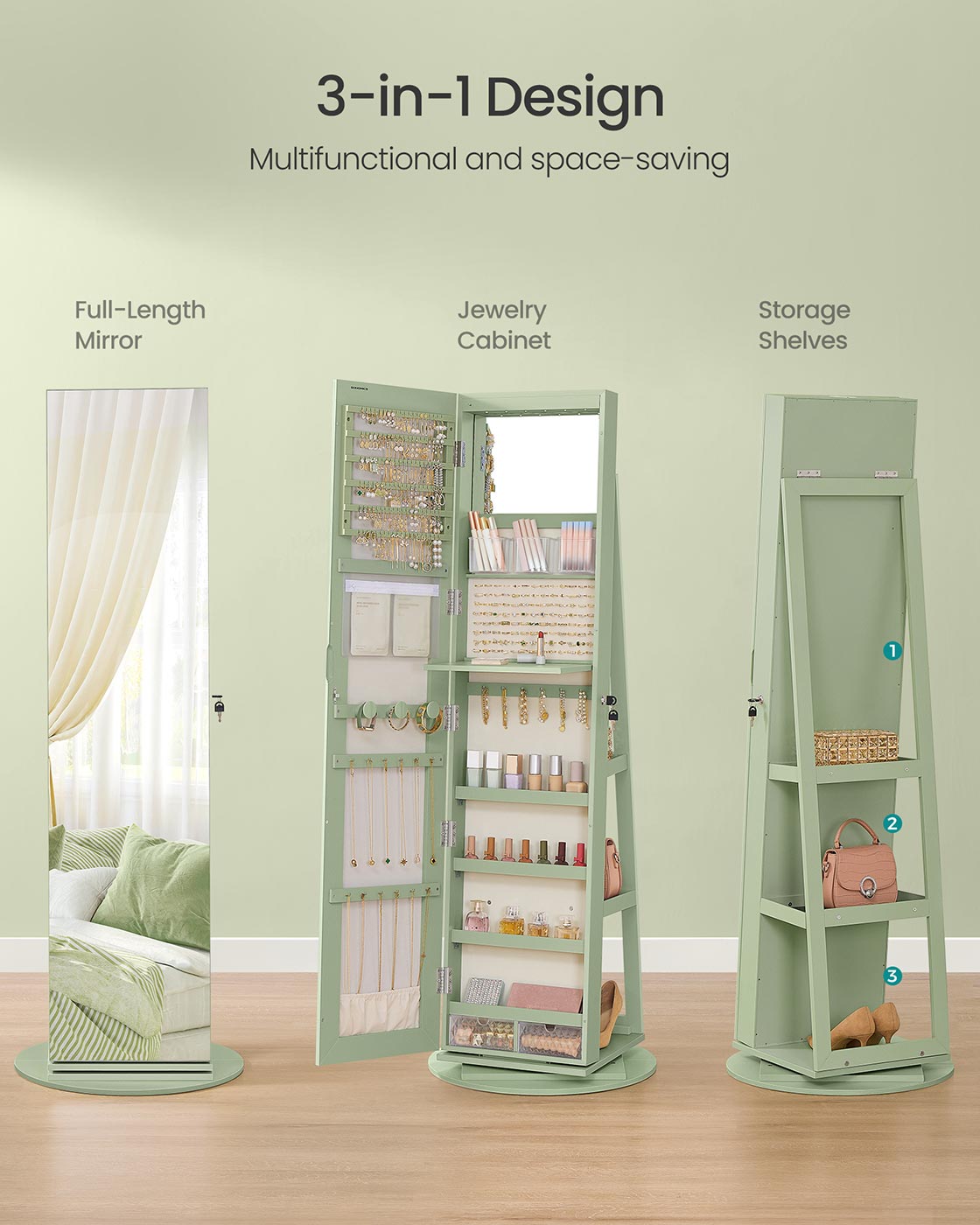 6 LEDs Lockable Mirror Jewelry Cabinet Laurel Green Surface Cream White Lining