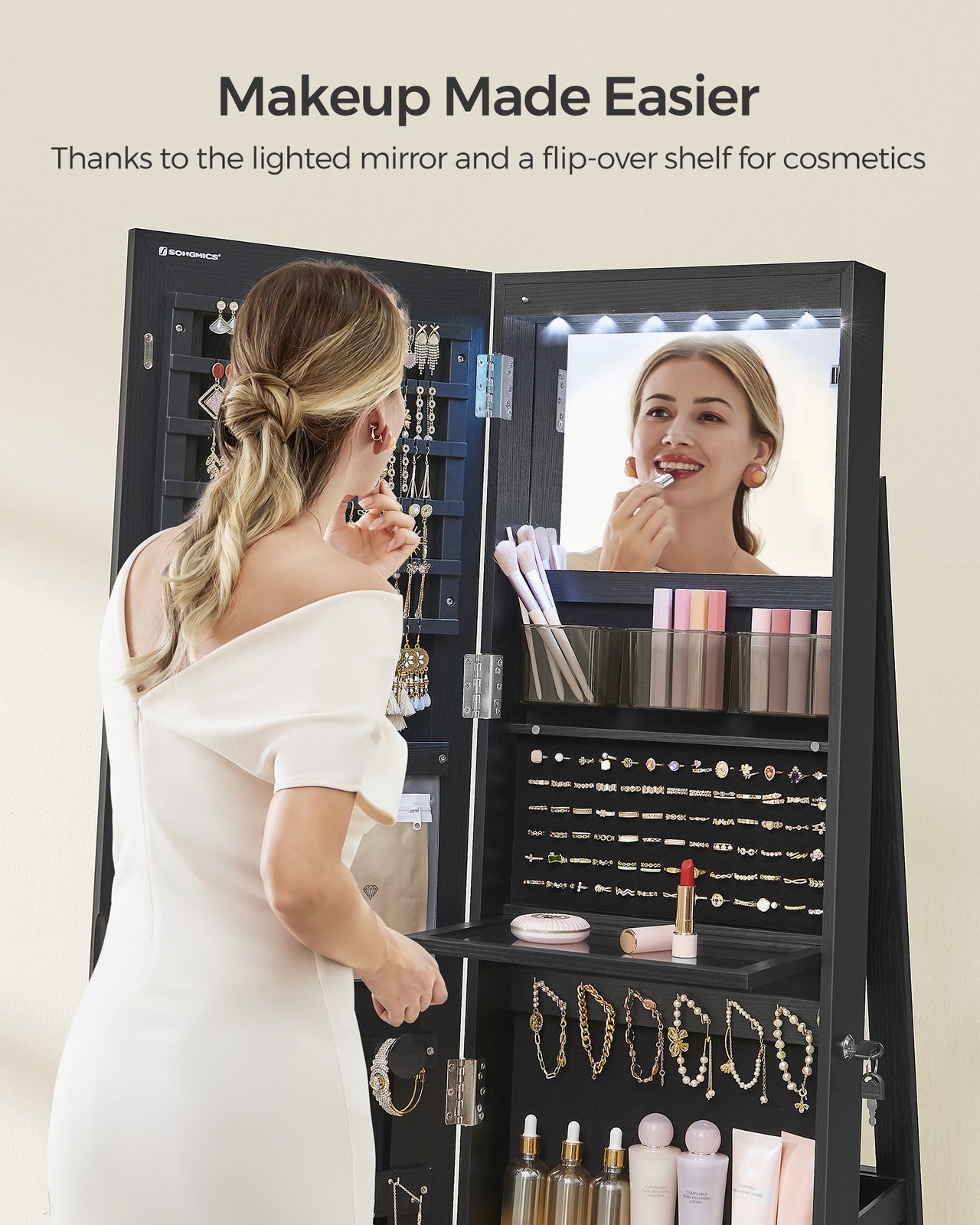 LED Mirror Jewelry Cabinet Standing - Ink Black