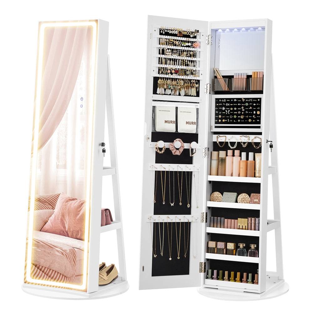 LED Mirror Jewelry Cabinet Standing - White