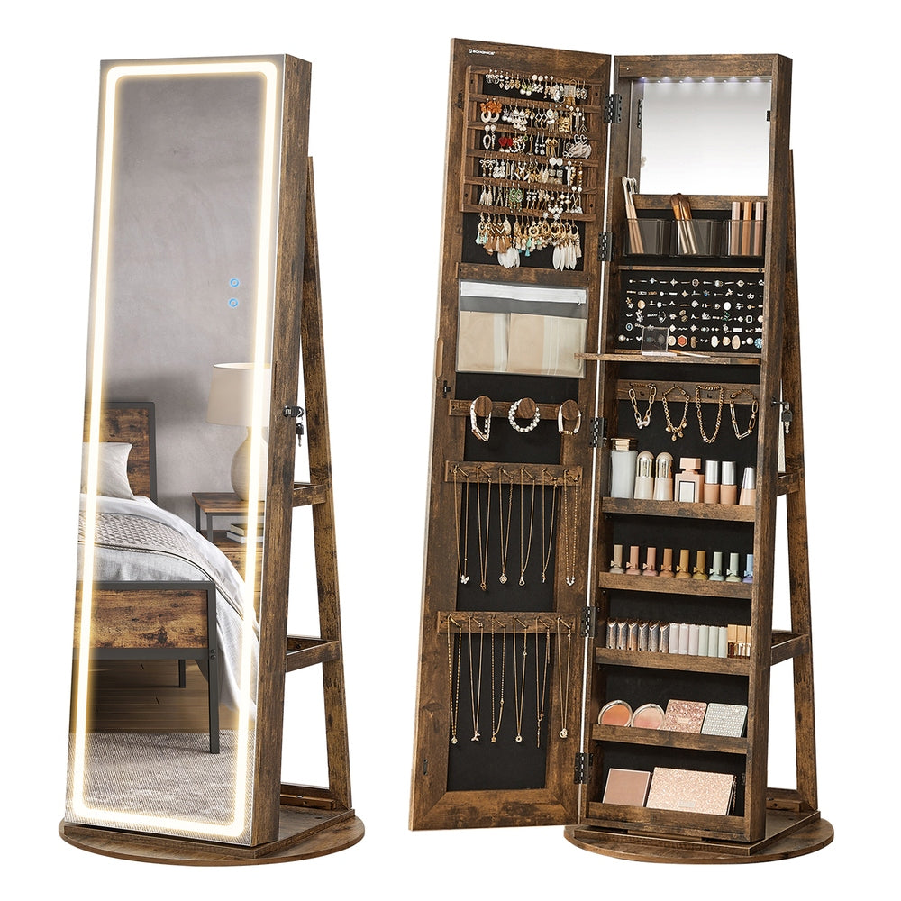 LED Mirror Jewelry Cabinet Standing - Rustic Brown