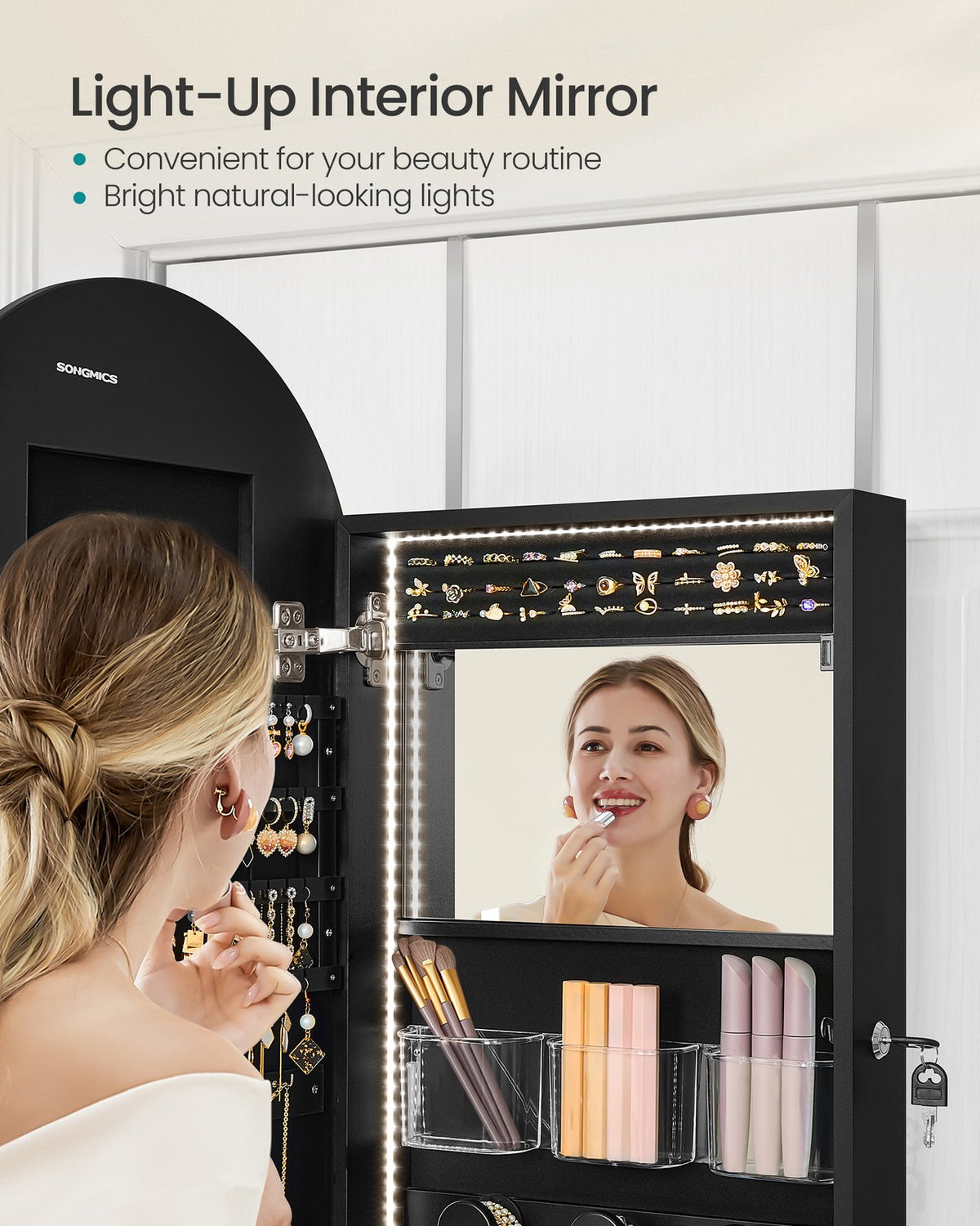 Wide LED Jewelry Cabinet - Wall/Door Mounted - Lockable