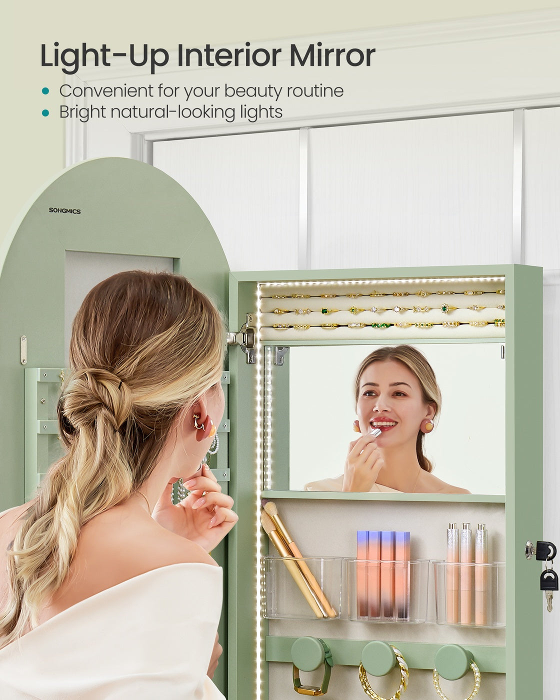 Wide LED Jewelry Cabinet Wall/Door Mounted - Laurel Green