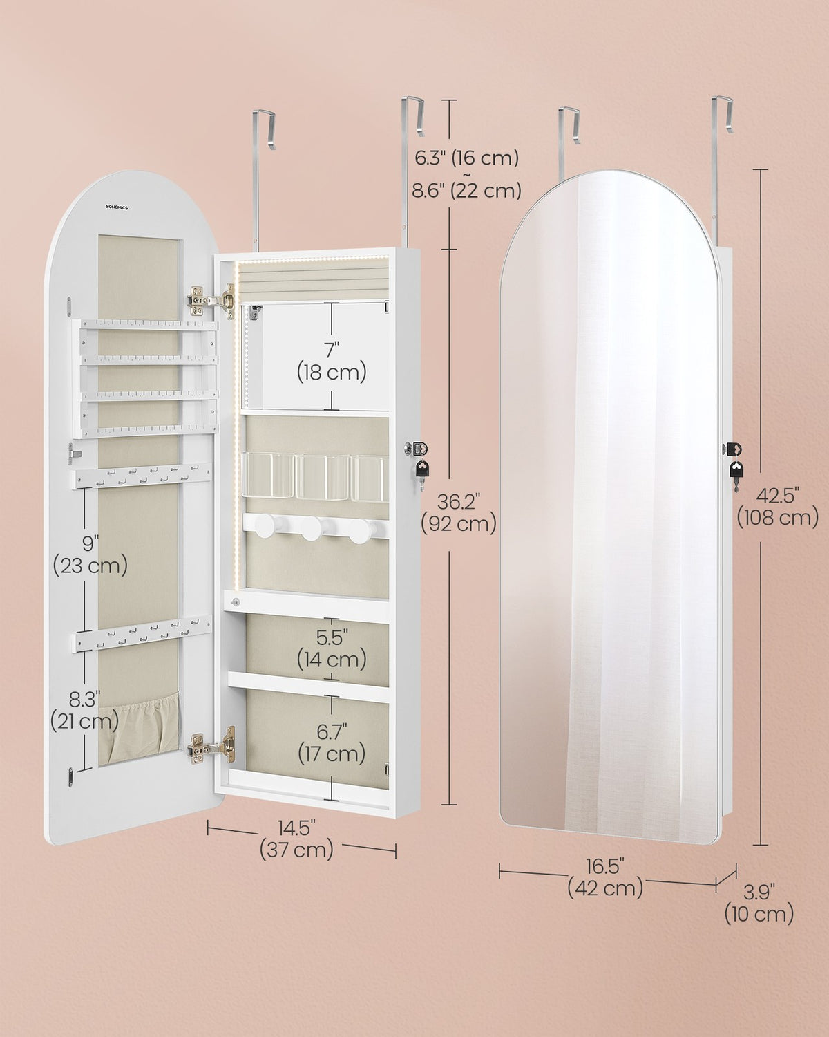 Wide LED Jewelry Cabinet - Wall/Door Mounted - Lockable
