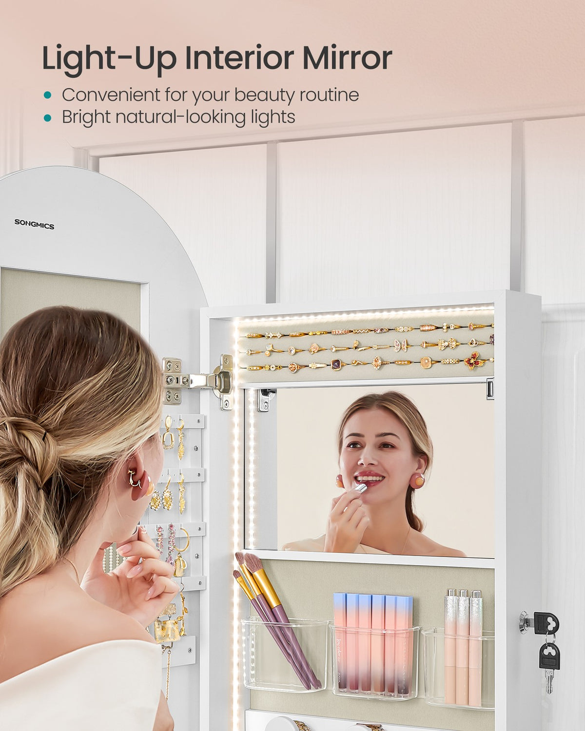 Wide LED Jewelry Cabinet - Wall/Door Mounted - Lockable