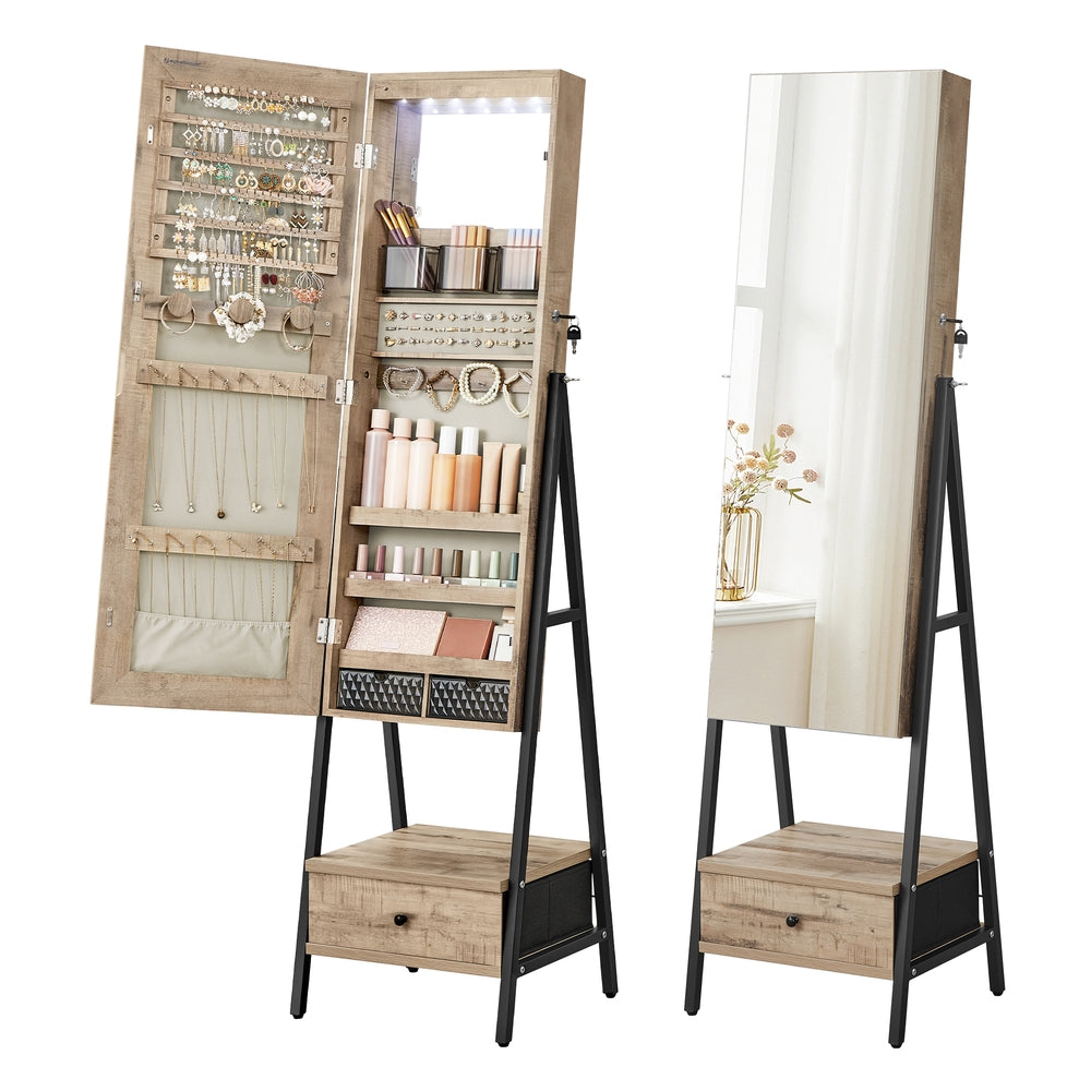 LED Mirror Jewelry Cabinet Standing with Full-Length Mirror - Toasted Oak