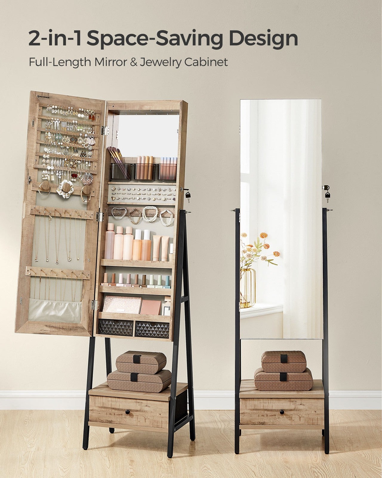 LED Mirror Jewelry Cabinet Standing with Full-Length Mirror - Toasted Oak
