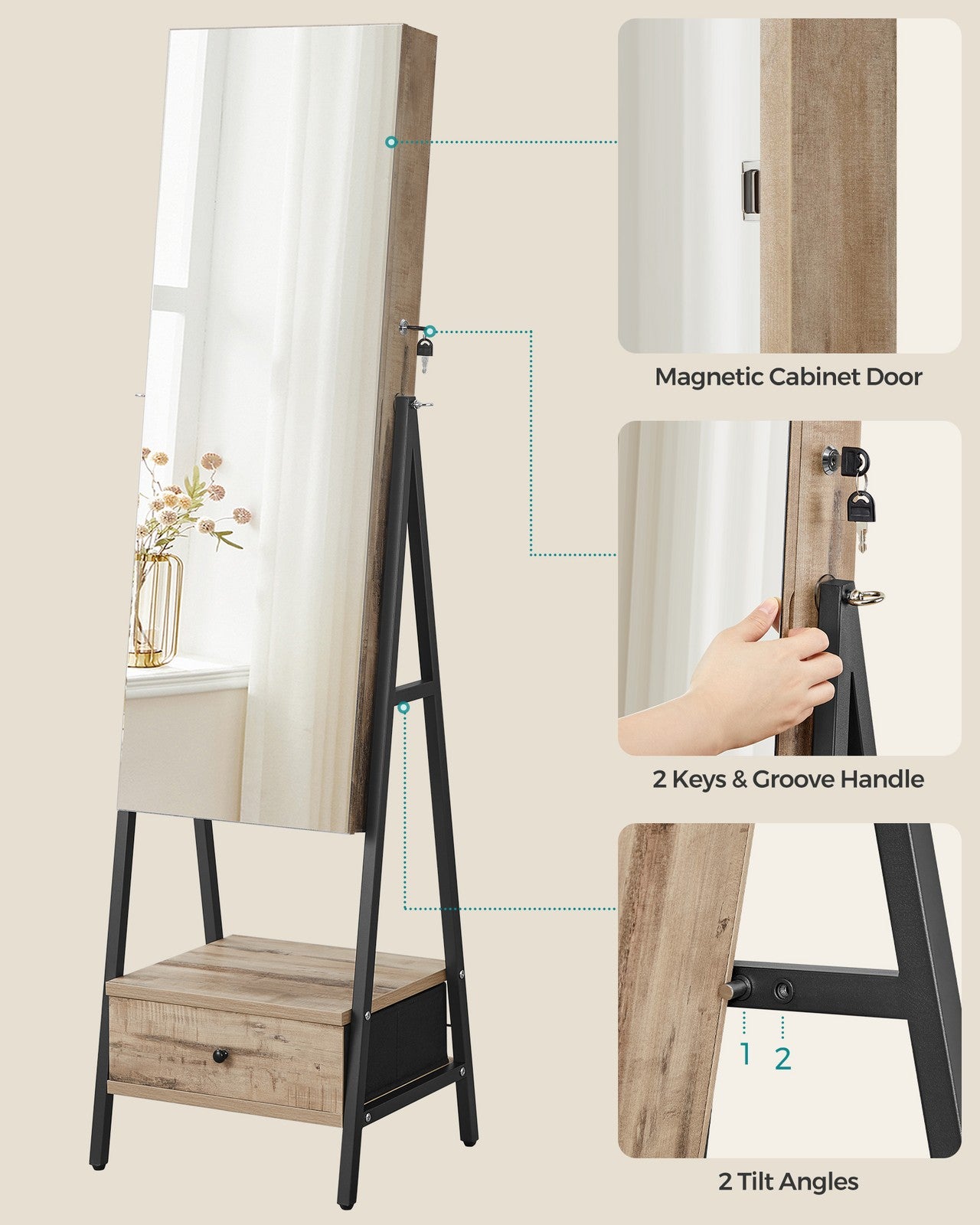 LED Mirror Jewelry Cabinet Standing with Full-Length Mirror - Toasted Oak