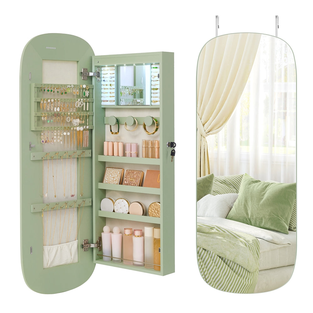 LED Jewelry Cabinet Wall or Door Mounted - Laurel Green Surface, Cream White Lining