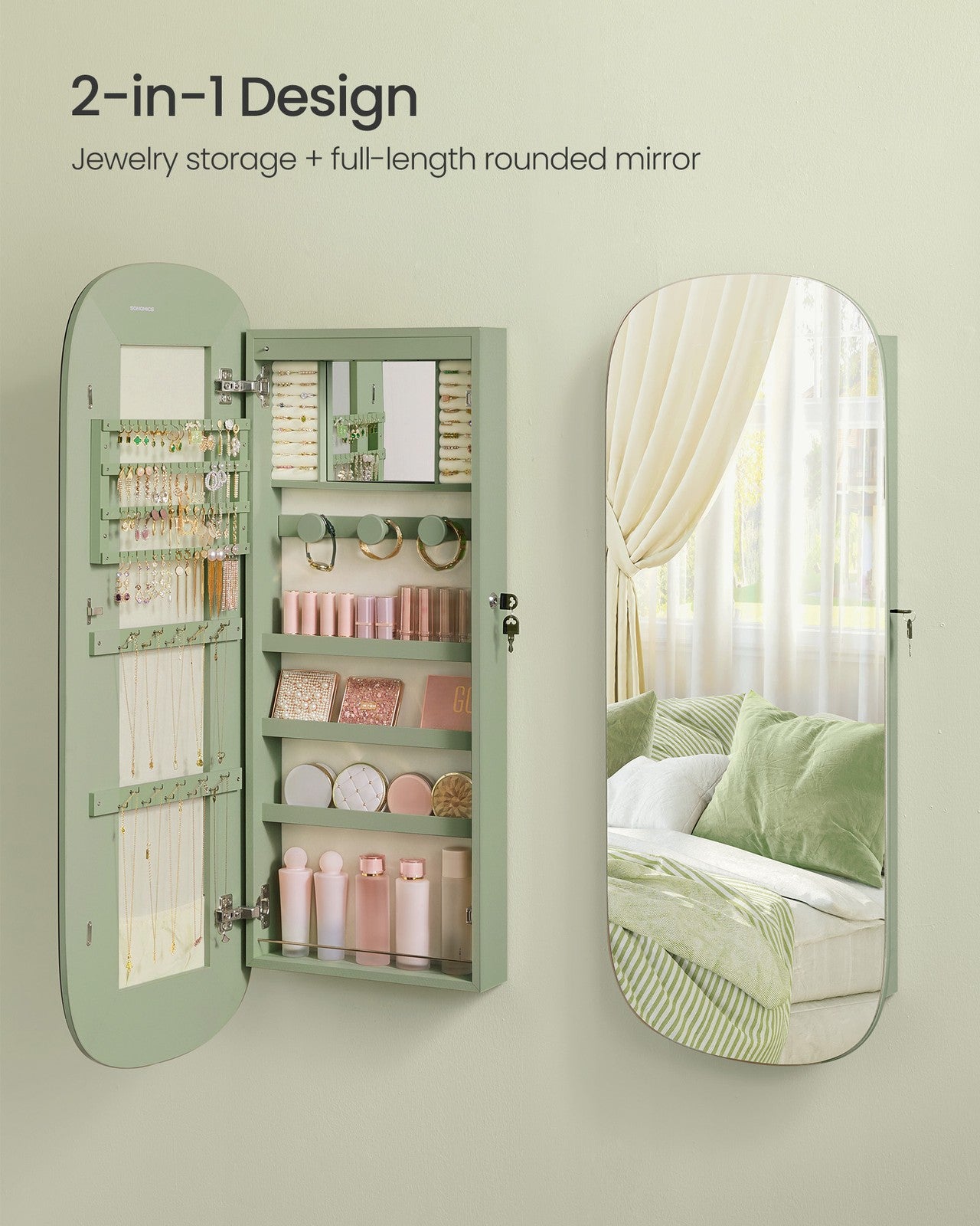 LED Jewelry Cabinet Wall or Door Mounted - Laurel Green Surface, Cream White Lining