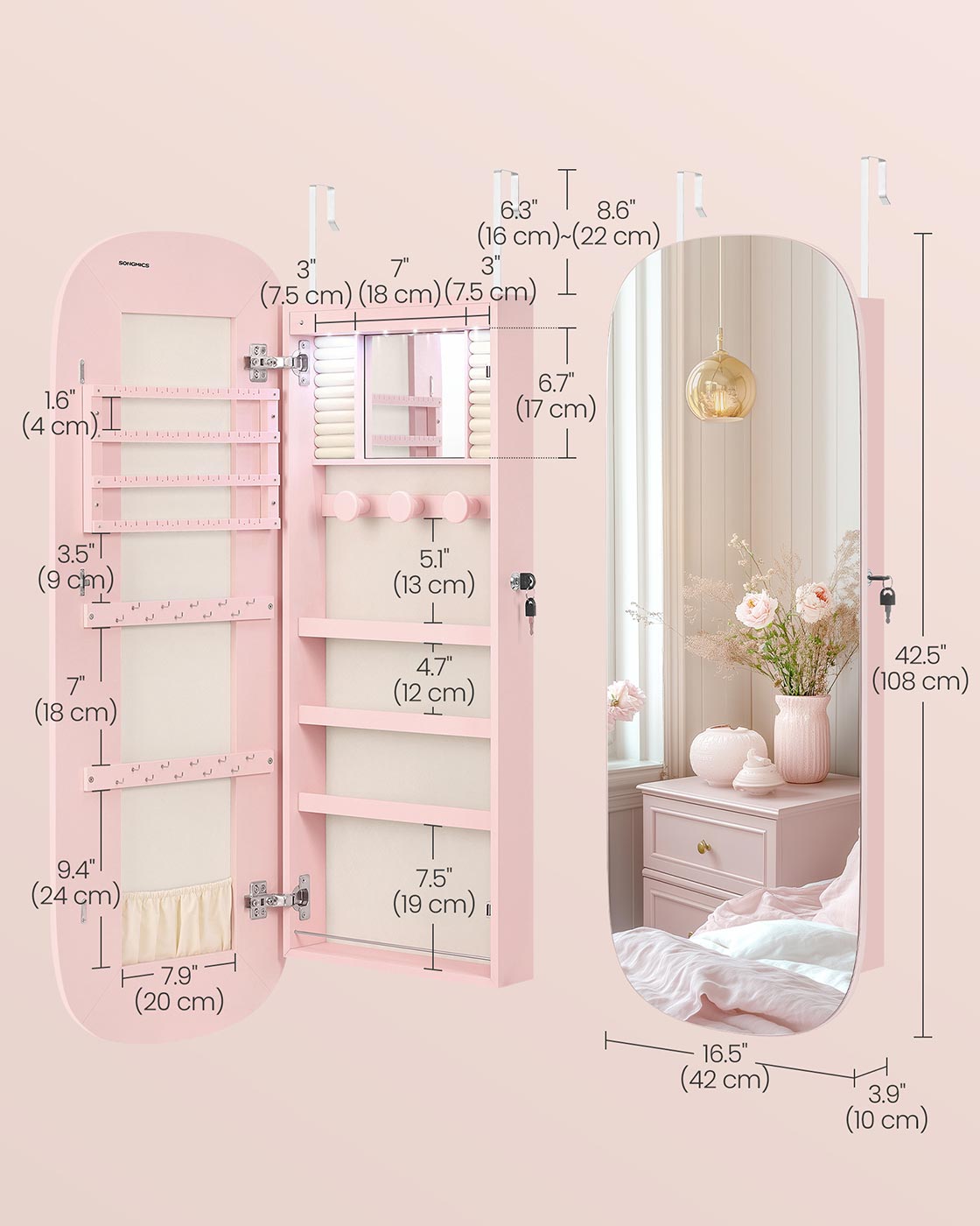 LED Jewelry Cabinet Wall/Door Mounted Jelly Pink Surface with Cream White Lining