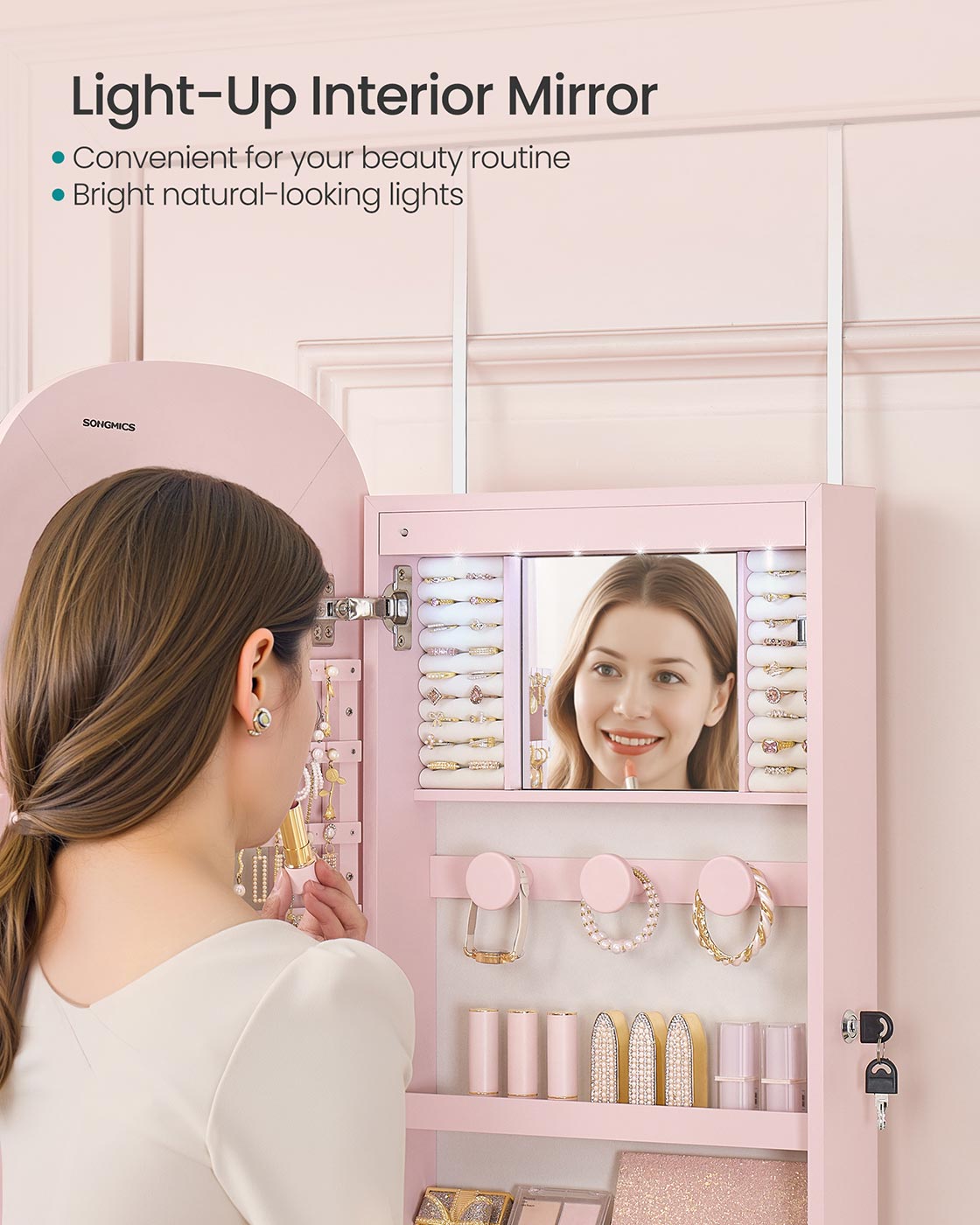 LED Jewelry Cabinet Wall/Door Mounted Jelly Pink Surface with Cream White Lining