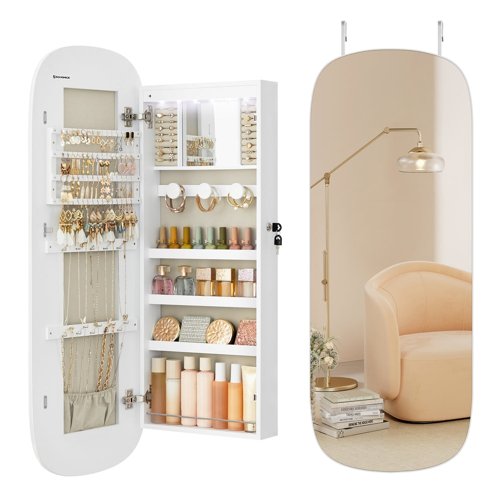 LED Jewelry Cabinet Wall or Door Mounted - White Surface, Greige Lining