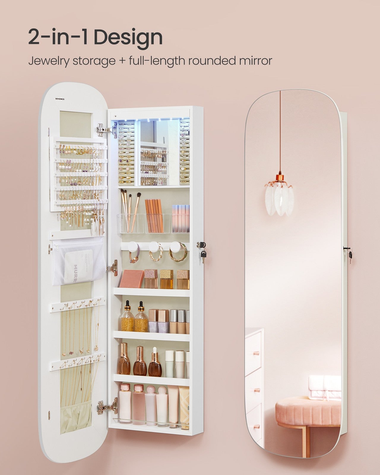 Jewelry Organizer - LED Jewelry Cabinet Wall/Door Mounted - 3.9 x 16.5 x 55 Inches - White Surface with Greige Lining