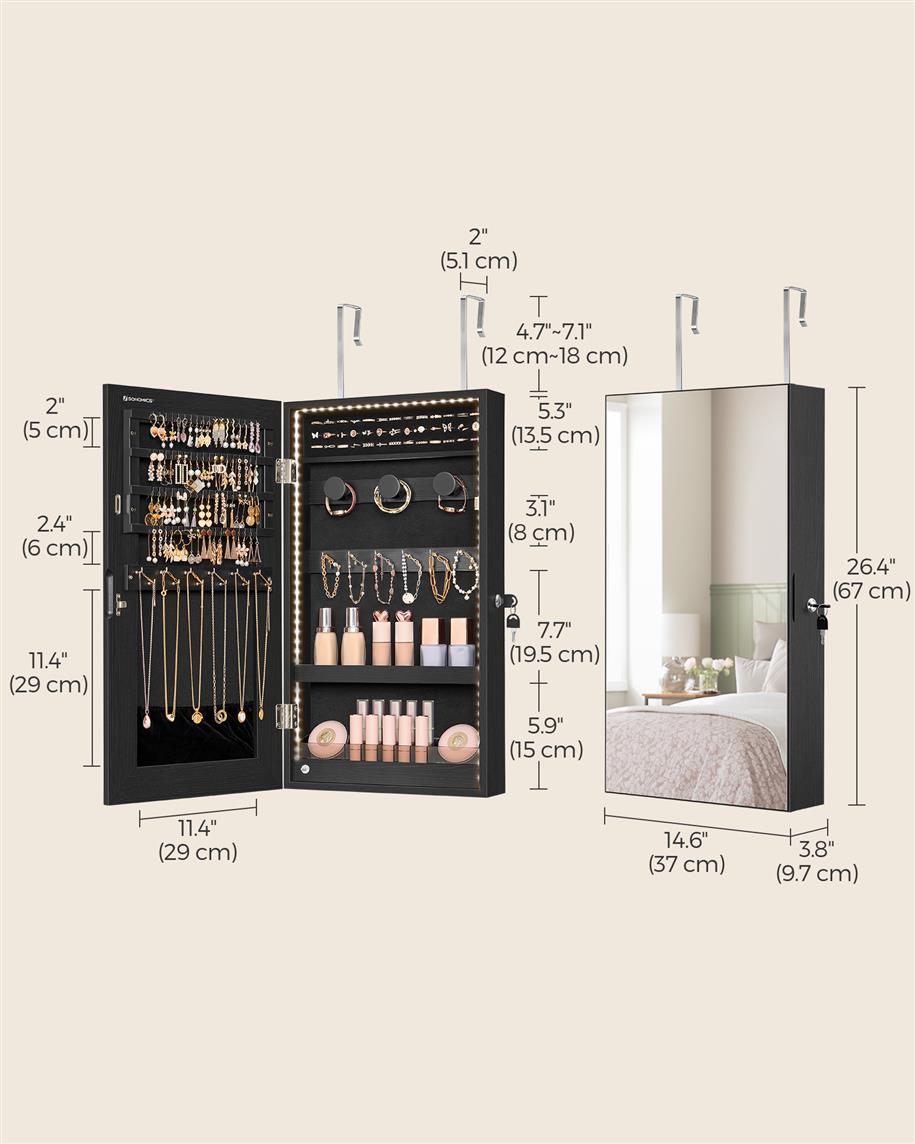 Mirror Jewelry Cabinet Armoire with Built-in LED Lights - Black