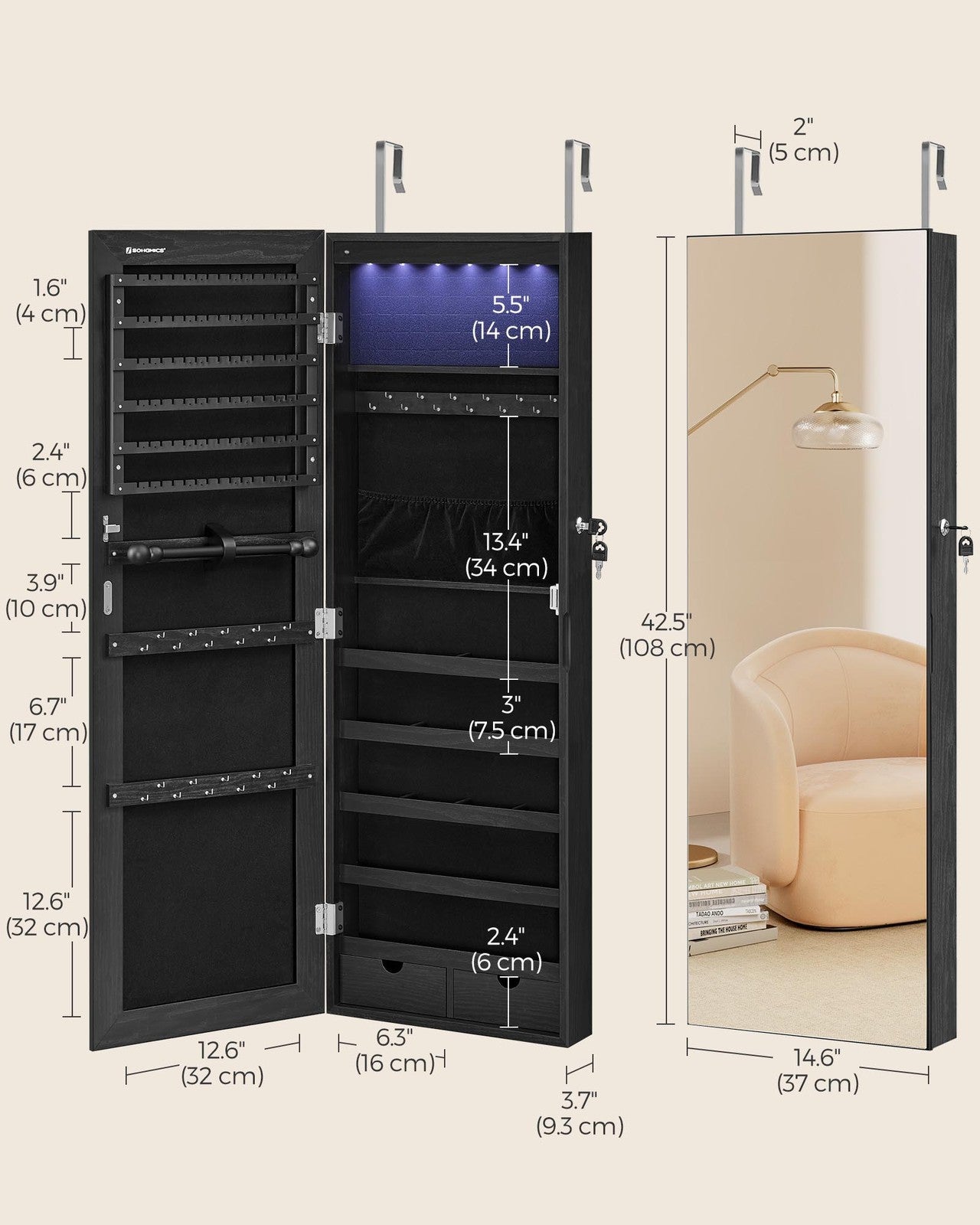 Hanging Jewelry Cabinet with LED Lights - Ink Black