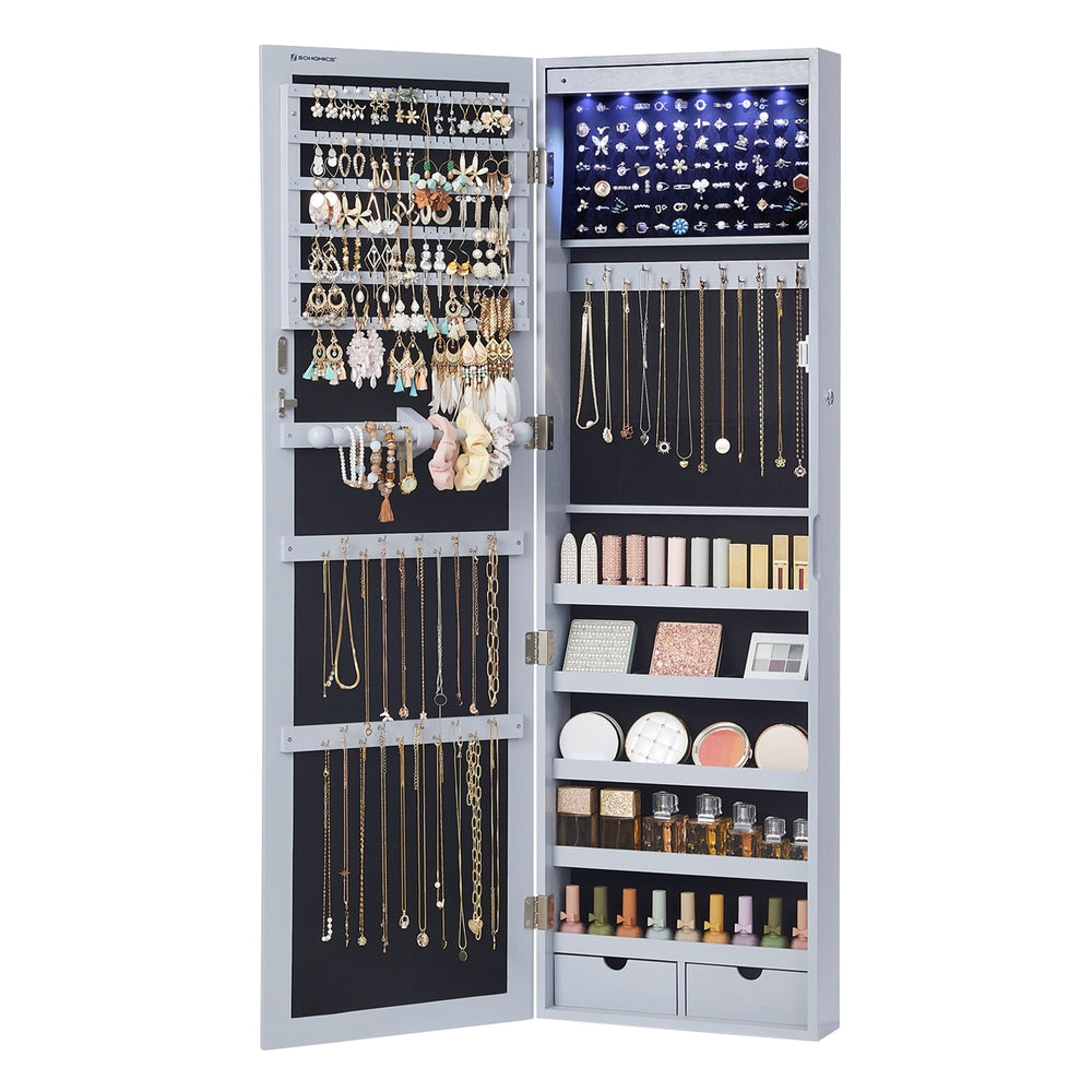 Lockable Wall or Door Mounted Jewelry Armoire Organizer with Mirror - Gray