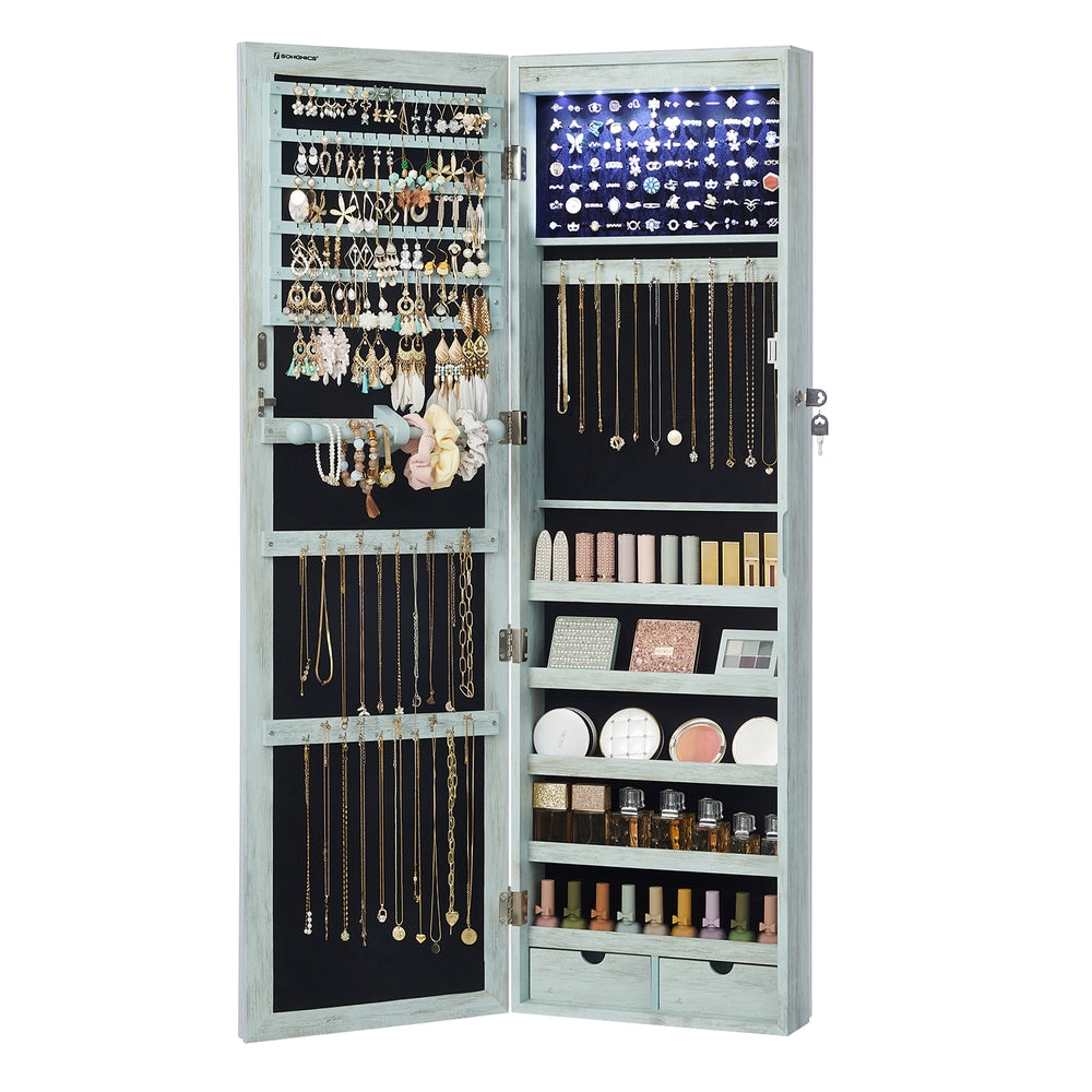 Lockable Wall or Door Mounted Jewelry Armoire Organizer with Mirror - Rustic Green
