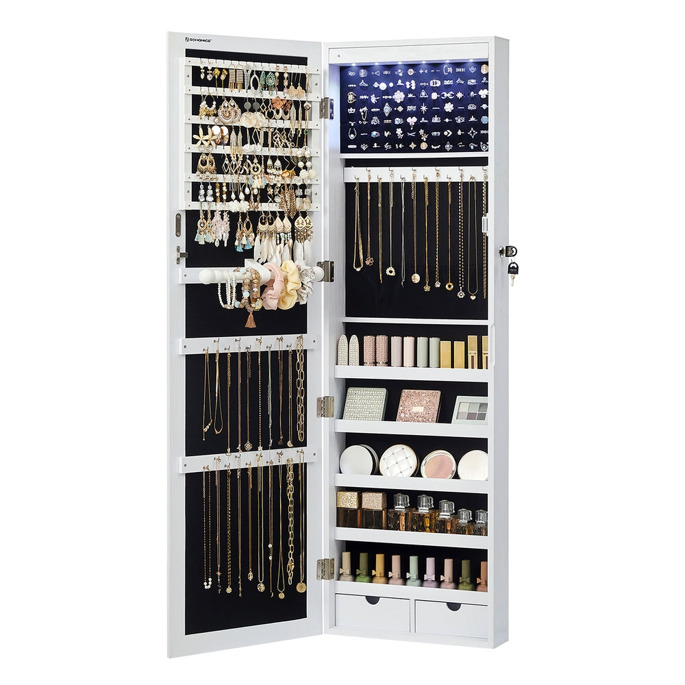 Lockable Wall or Door Mounted Jewelry Armoire Organizer with Mirror - White