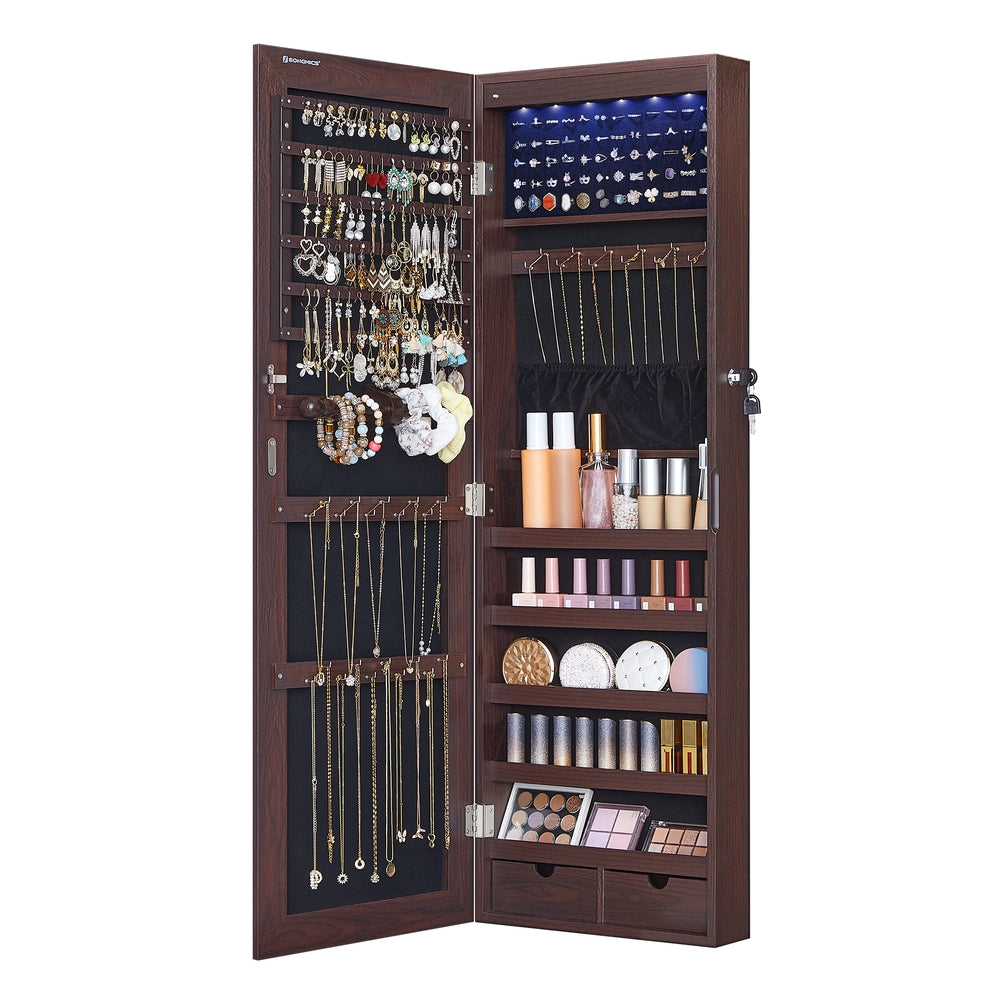 Hanging Jewelry Cabinet with LED Lights - Brown