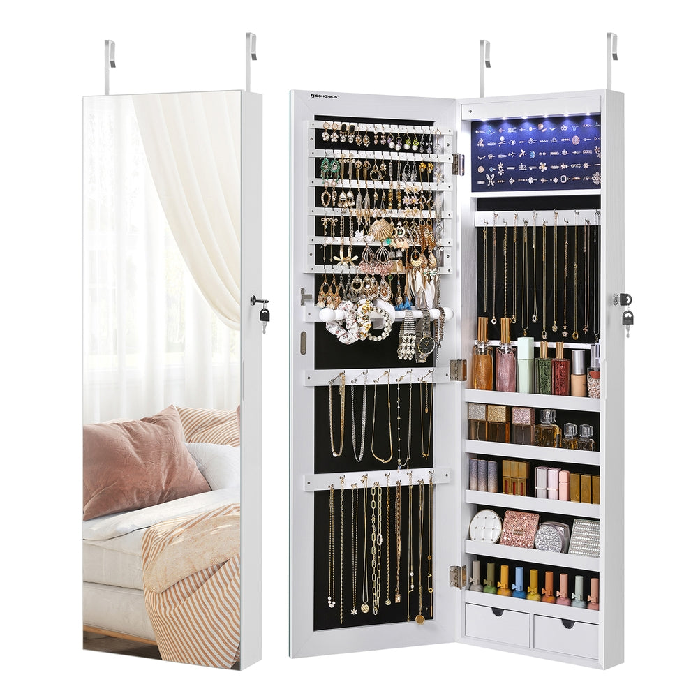 Hanging Jewelry Cabinet with LED Lights - White