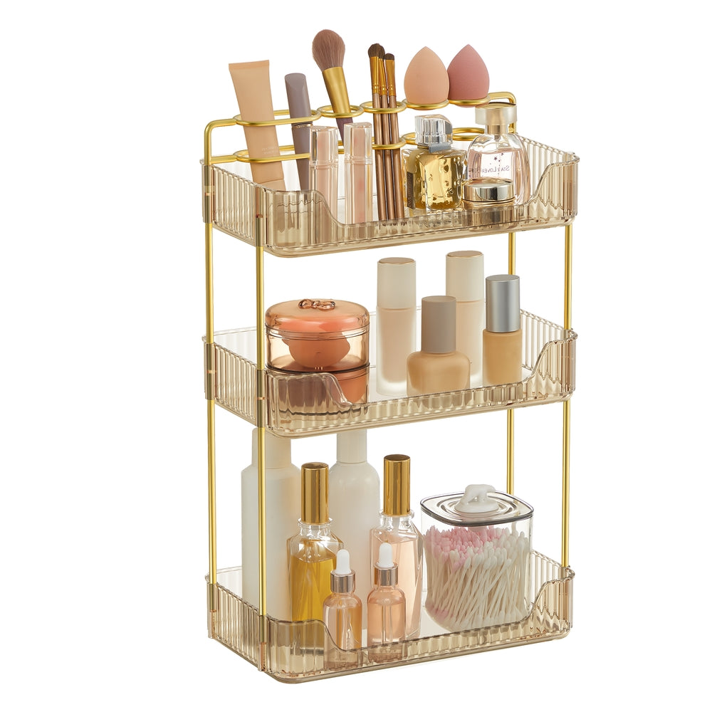 3-Tier Makeup Organizer with 2 Types of Accessories Champagne Gold