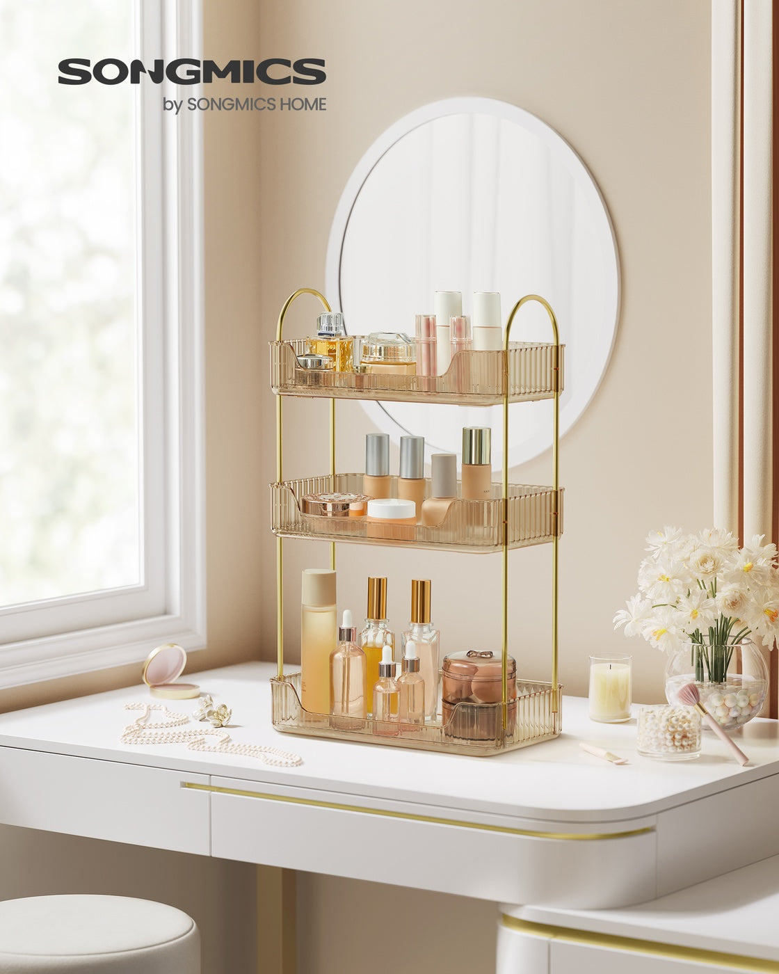 3-Tier Makeup Organizer with 2 Types of Accessories Champagne Gold