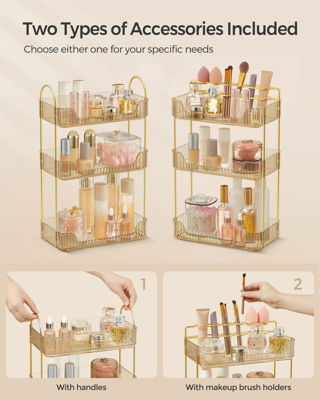 3-Tier Makeup Organizer with 2 Types of Accessories Champagne Gold