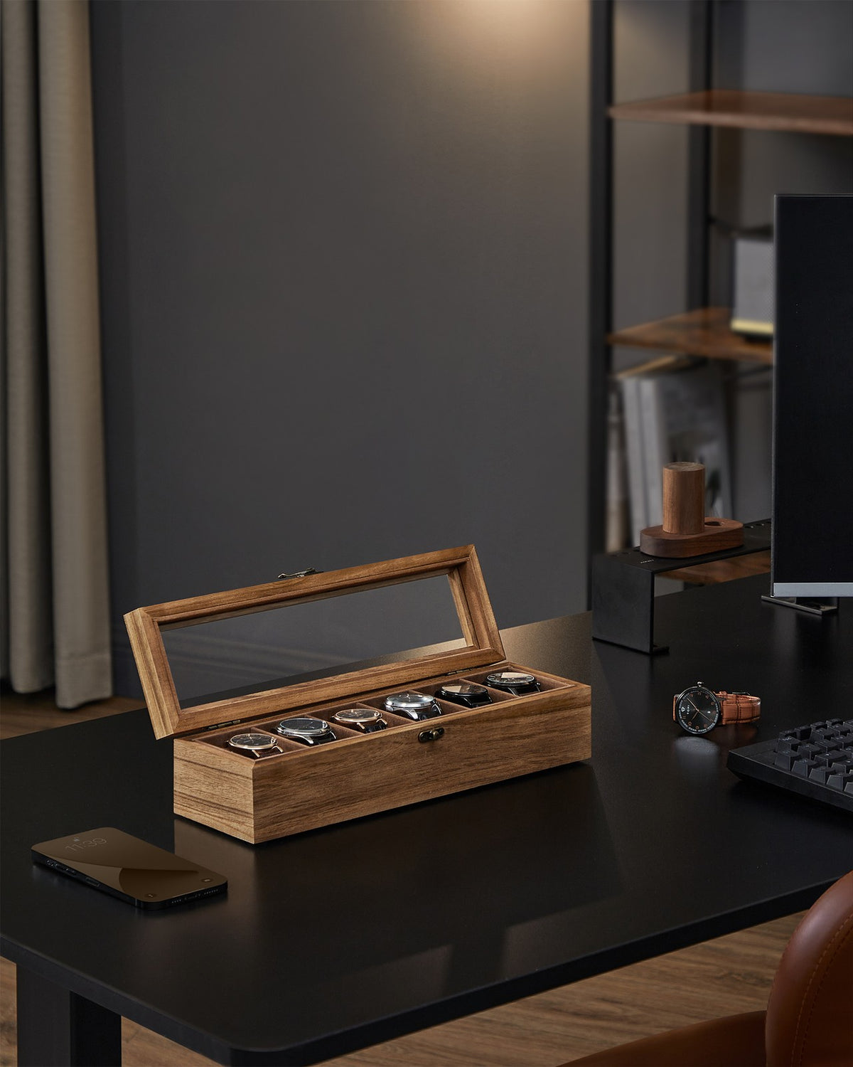 Solid Wood Watch Box - 10-Slot - Glass Lid - Velvet Lining