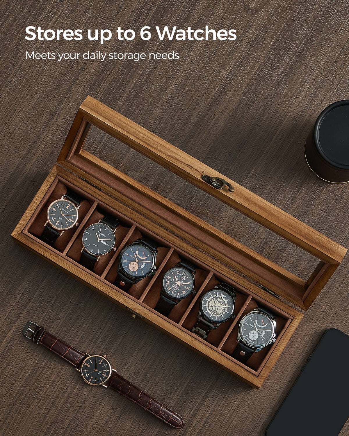 Solid Wood Watch Box - 10-Slot - Glass Lid - Velvet Lining