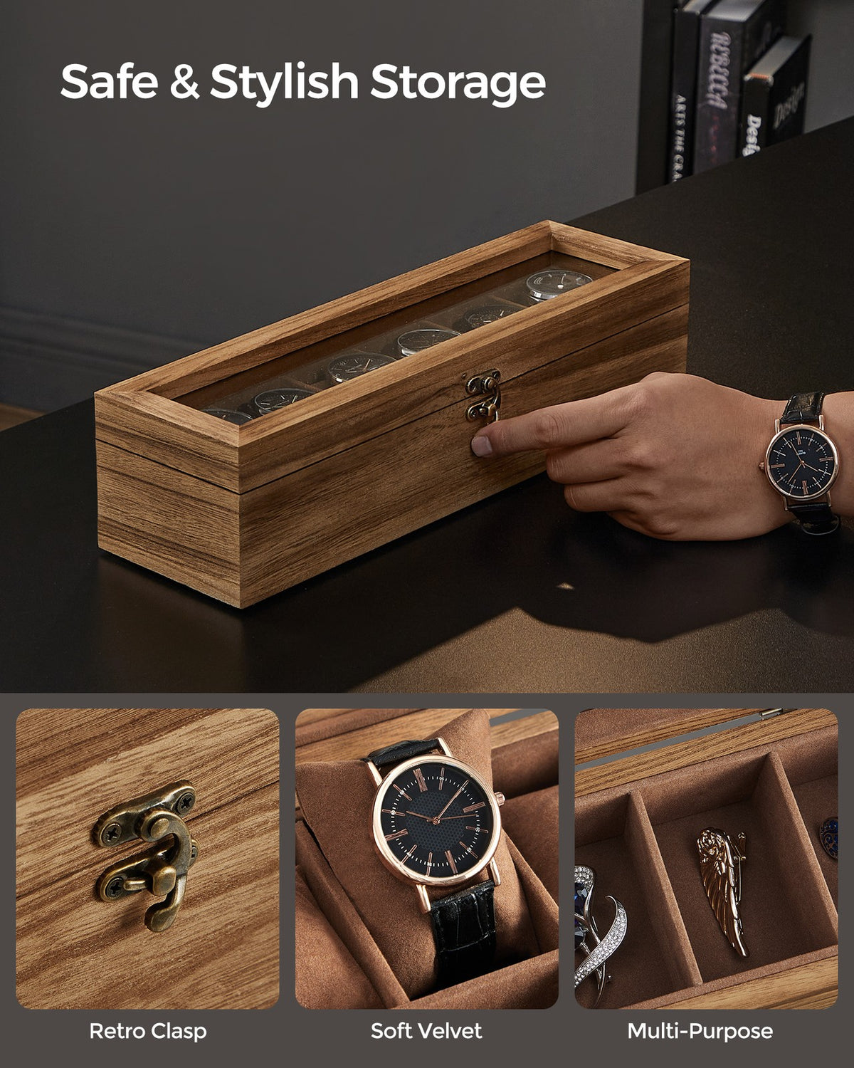 Solid Wood Watch Box - 10-Slot - Glass Lid - Velvet Lining