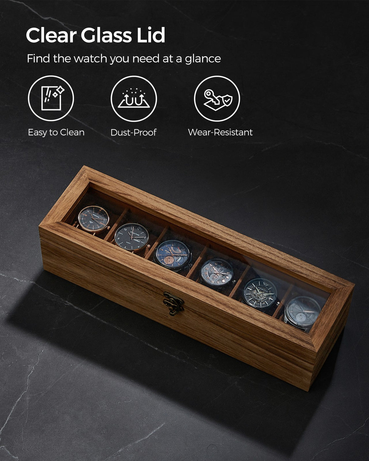 Solid Wood Watch Box - 10-Slot - Glass Lid - Velvet Lining