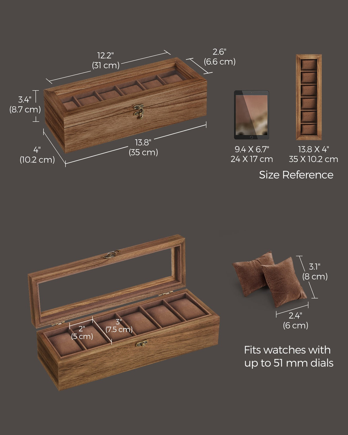 Solid Wood Watch Box - 10-Slot - Glass Lid - Velvet Lining
