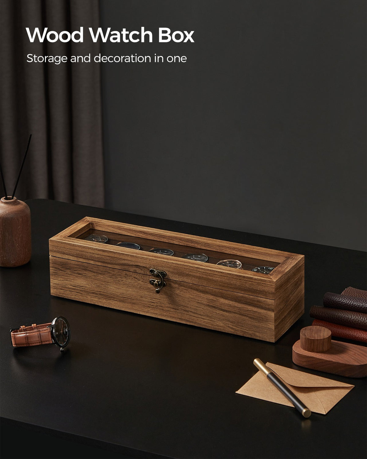 Solid Wood Watch Box - 10-Slot - Glass Lid - Velvet Lining