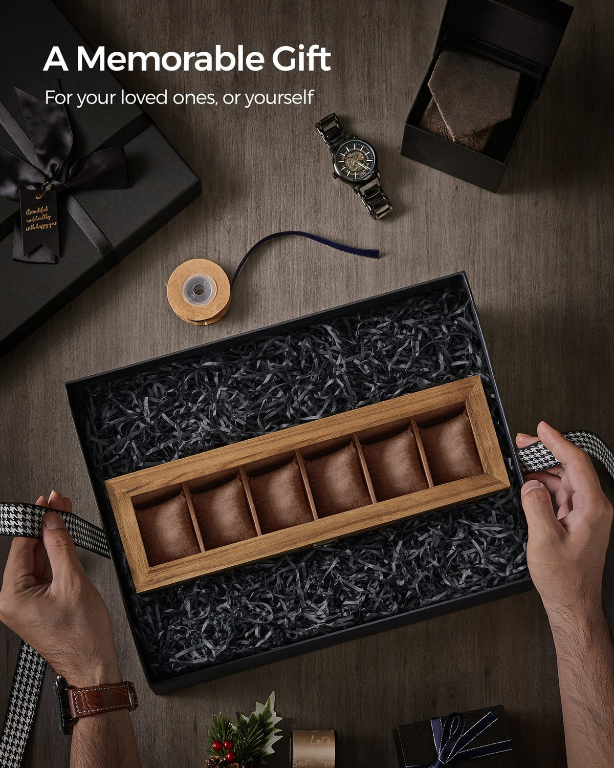 Solid Wood Watch Box - 10-Slot - Glass Lid - Velvet Lining