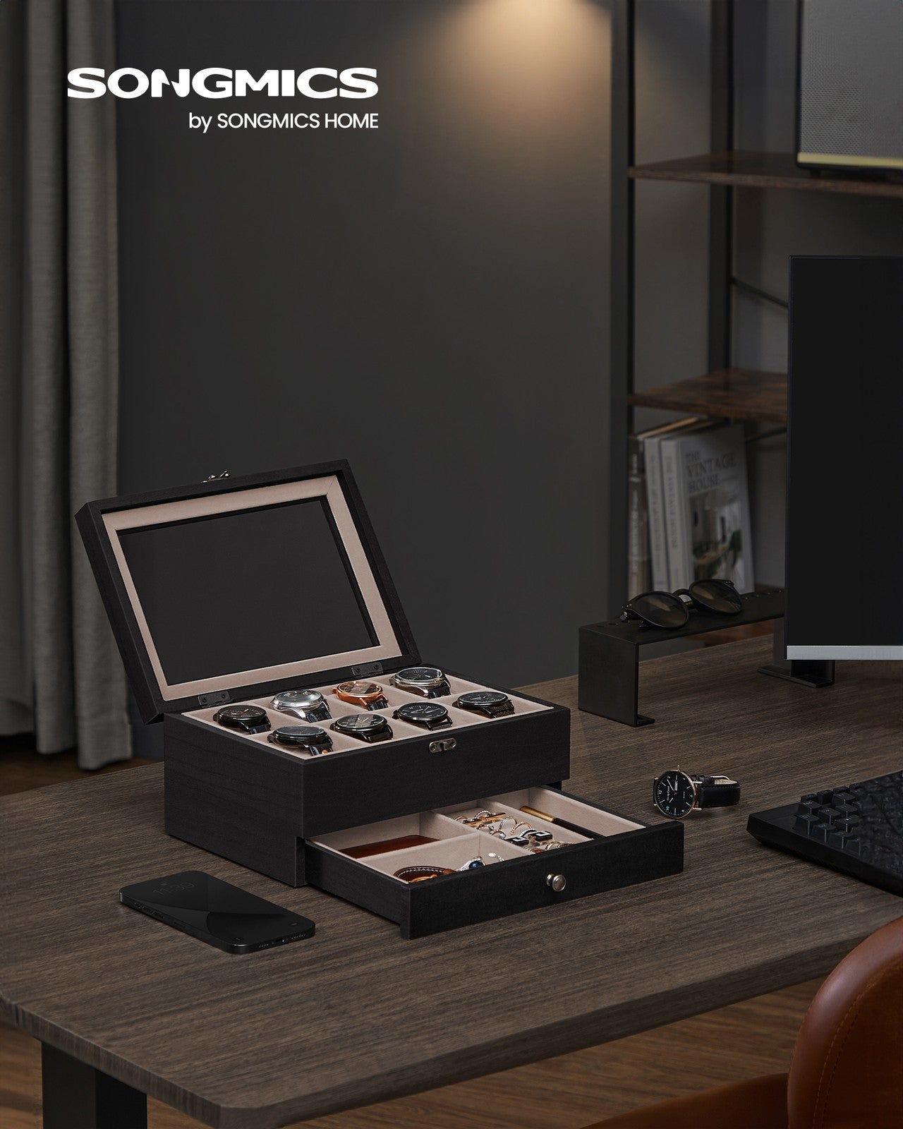 8-Slot Watch Box with Large Glass Lid - Ebony Black