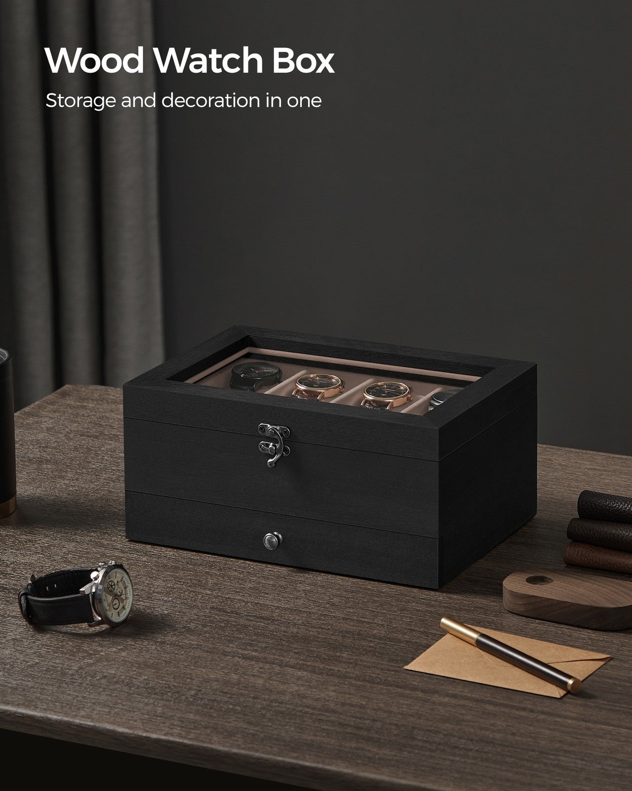 8-Slot Watch Box with Large Glass Lid - Ebony Black