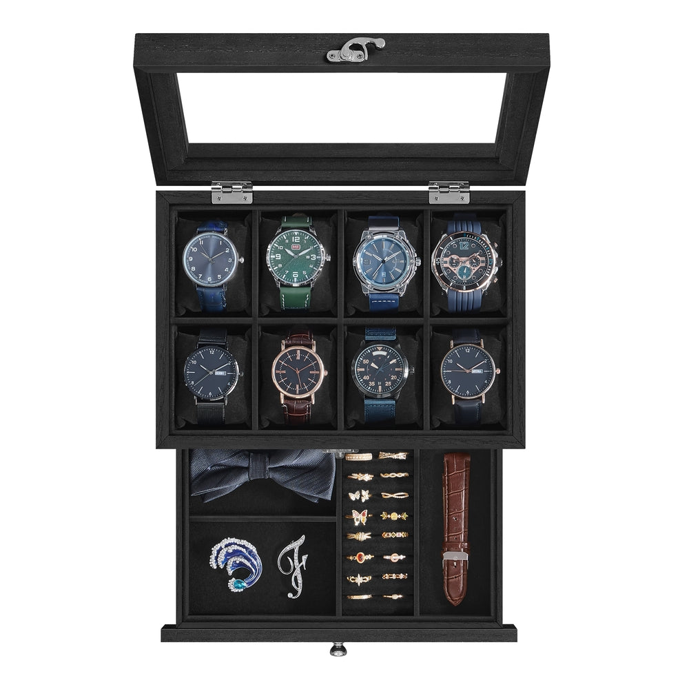 8-Slot Watch Box with Large Glass Lid - Ink Black - 7.5"D x 10.6"W x 4.9"H