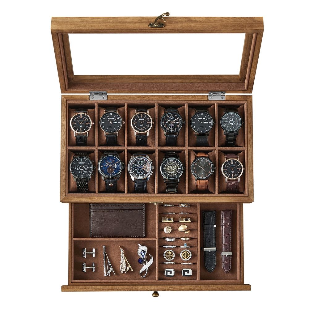 8-Slot Watch Box with Large Glass Lid - Rustic Walnut - 7.5"D x 13.4"W x 4.9"H