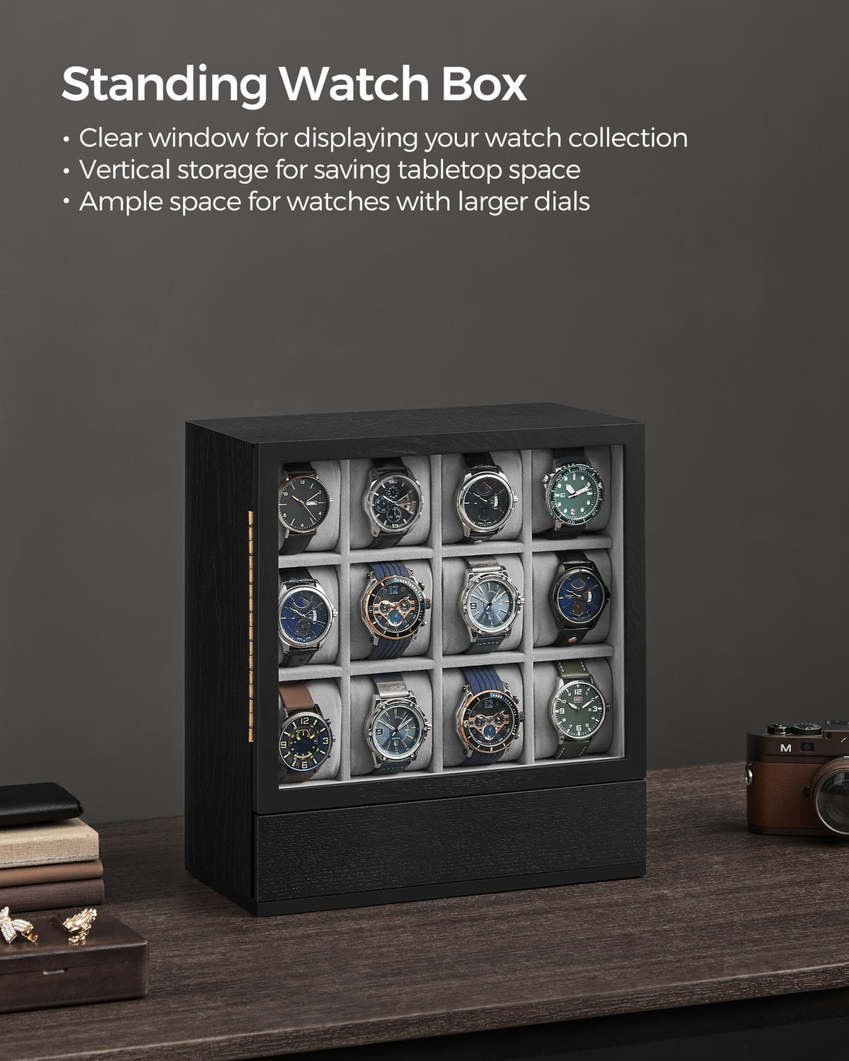 12-Slot Wooden Watch Box - Ebony Black