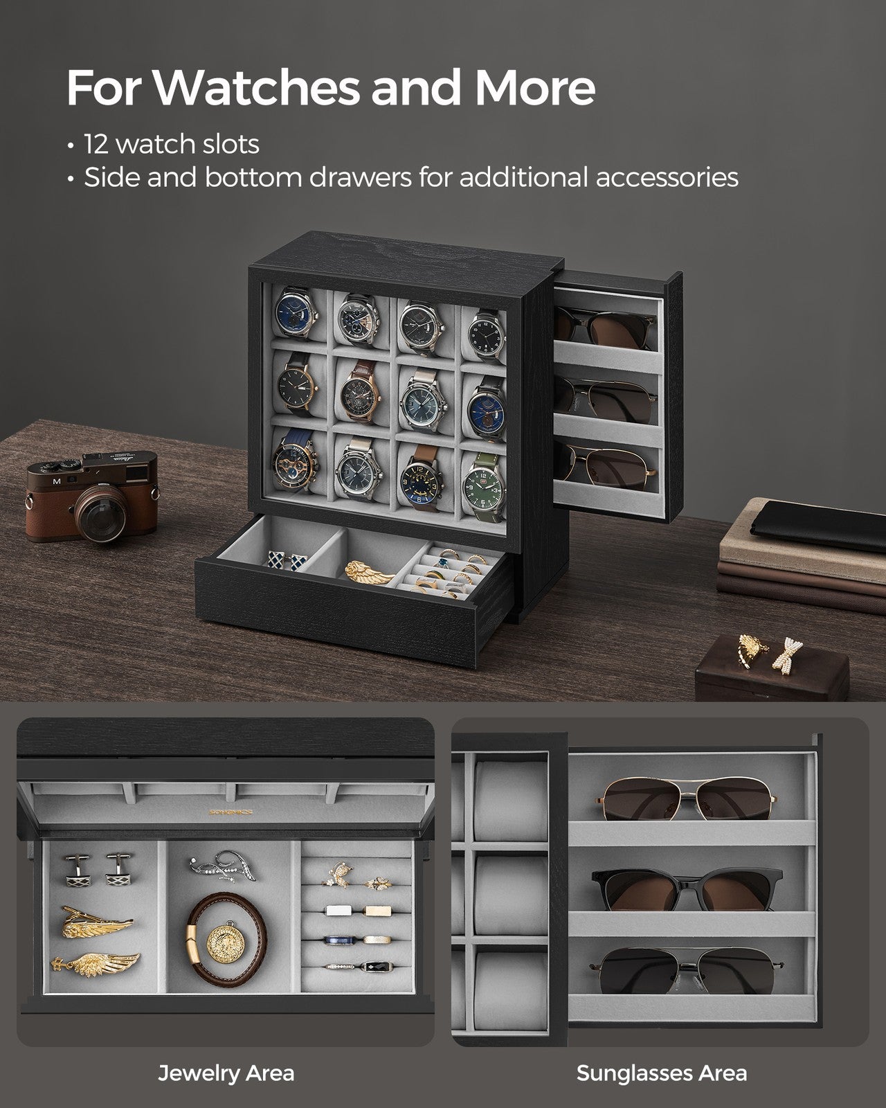 12-Slot Wooden Watch Box - Ebony Black