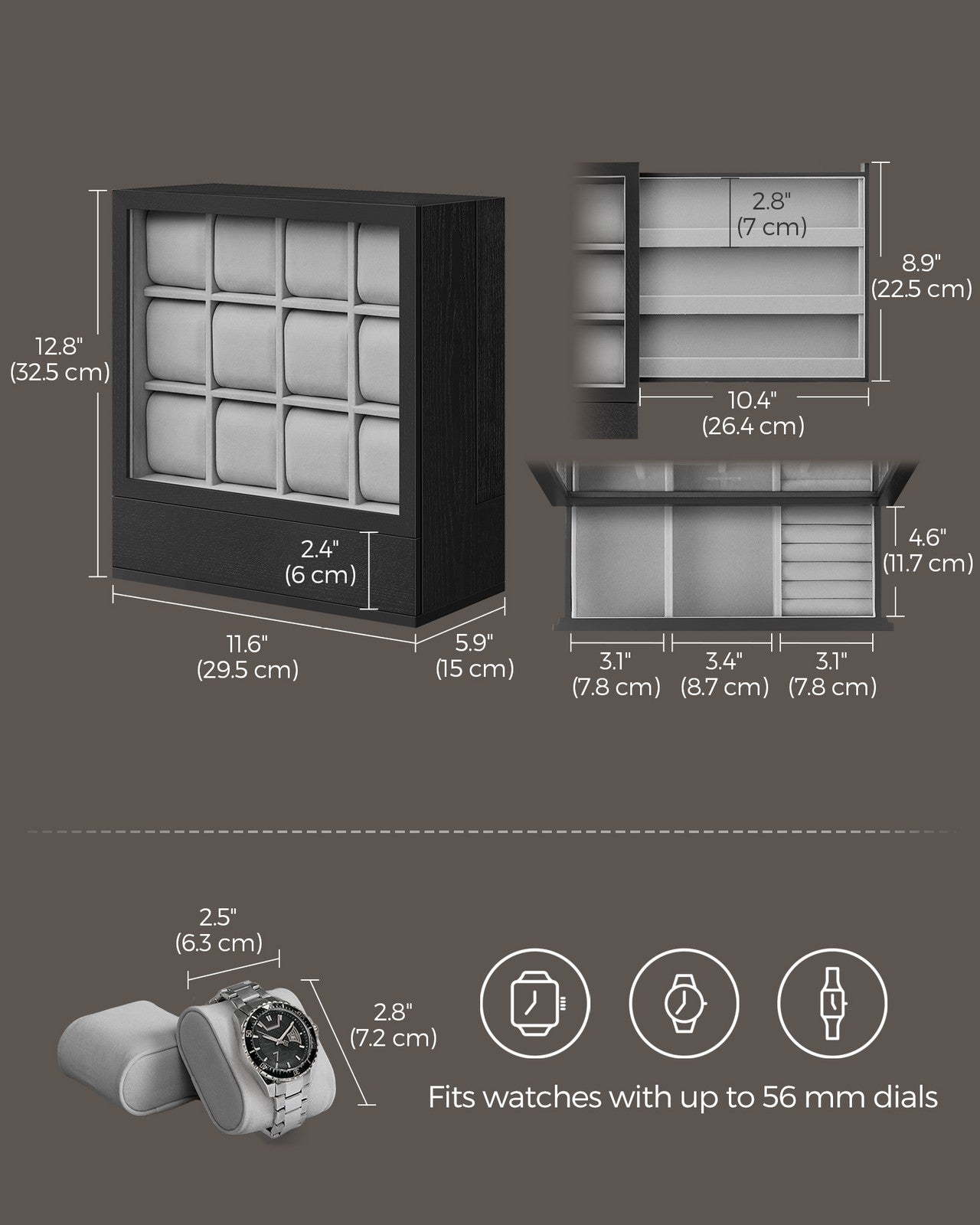 12-Slot Wooden Watch Box - Ebony Black