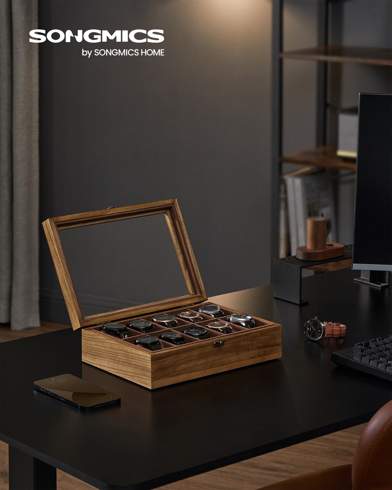 10-Slot Solid Wood Watch Box with Glass Lid - Rustic Walnut