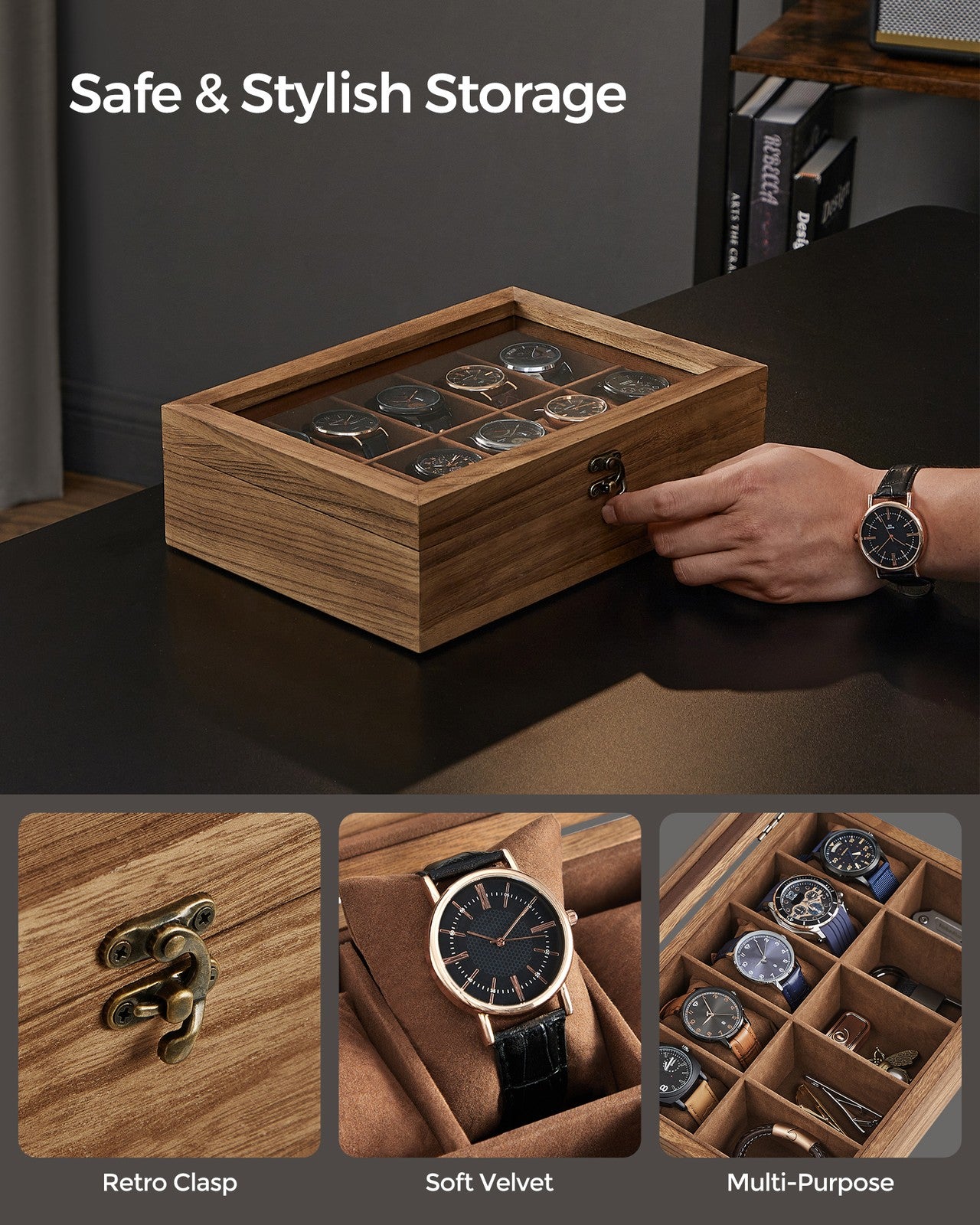 10-Slot Solid Wood Watch Box with Glass Lid - Rustic Walnut